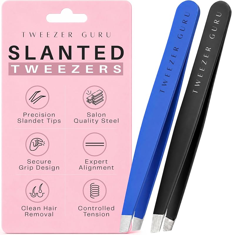 TWEEZER GURU Pinças de Precisão com Pontas Chanfrada e Fina, Aço Inoxidável, Black + Bold Blue, Pacote com 2