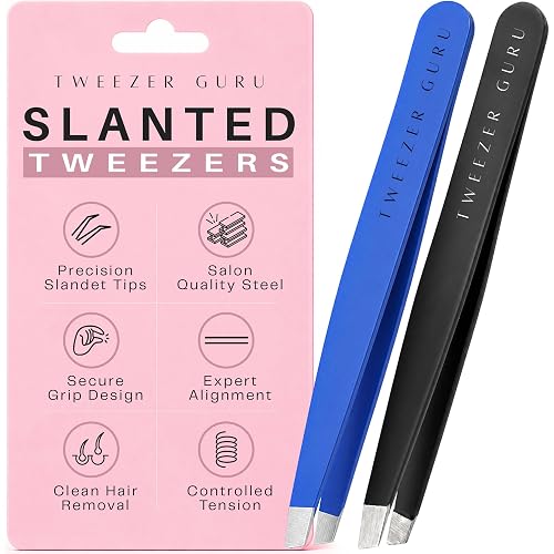 TWEEZER GURU 2 piece - Slant Pointed Precision Tweezers for Eyebrows, Ingrown Hairs, Blackheads - Sharp Needle Nose for Plucking, Splinters