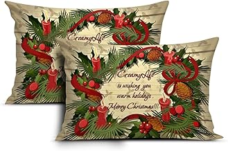 Jute Fabric Decorative Designer Printed Merry Christmas Theme Pillow Cover Xmas Decorations for Sofa Living Bed Room Set of 2, 12x18 inch Multi (CHMPC65)