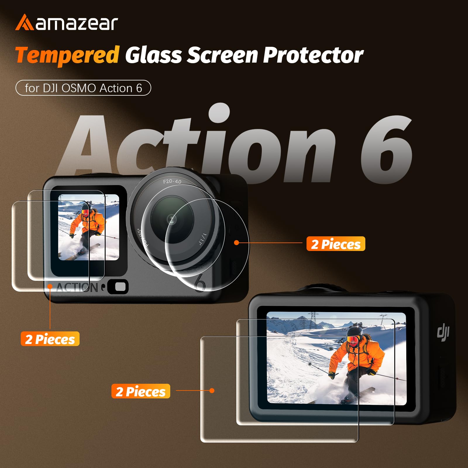 AMAZEAR Protezione Schermo per DJI Osmo Action 6, Accessori Osmo Action 6, 2 set di pellicole protettive in vetro temperato con copriobiettivo in silicone, antigraffio, antipolvere,anti-impronte/bolle