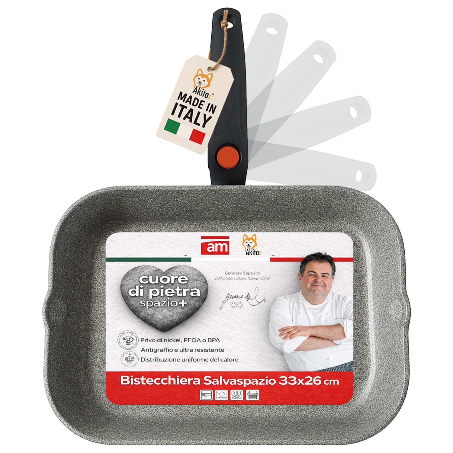 AKITAInk Bistecchiera Antiaderente Effetto Pietra - Grill per Carne e Verdure, Salvaspazio, Disponibile in Diverse Misure, Ideale per Uso Quotidiano (Bistecchiera Cuore di Pietra 33x26 cm)