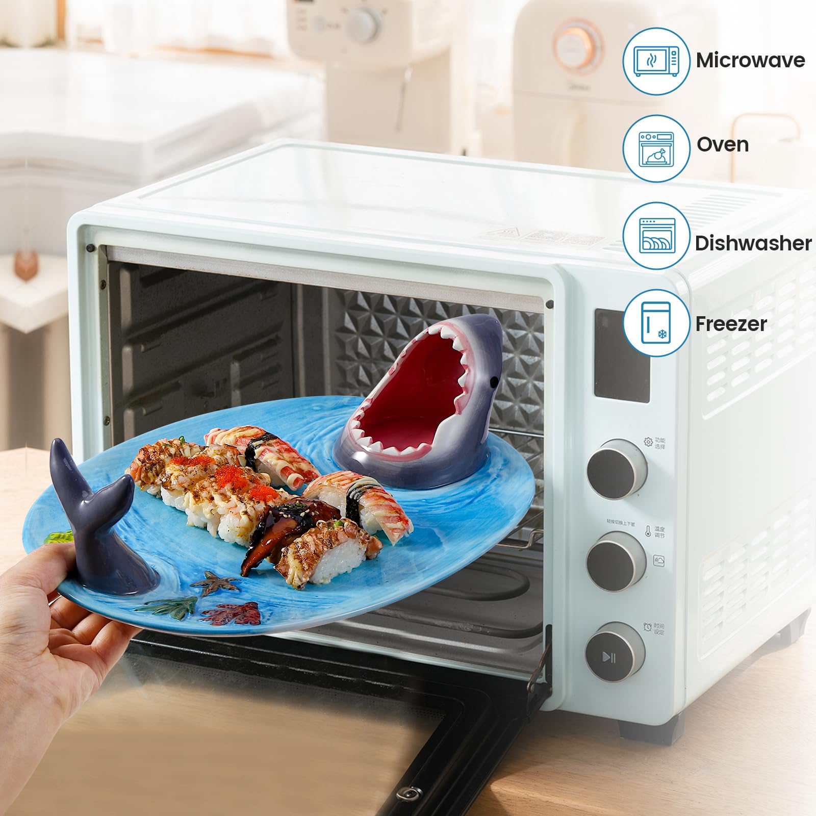 Shark Sushi Tablett, Upgraded 3 in 1 Shark Sushi Teller mit Essstäbchen, Shark Sushi Teller, Hai Teller mit Soßenfach, Lebensmittelechtes Material,