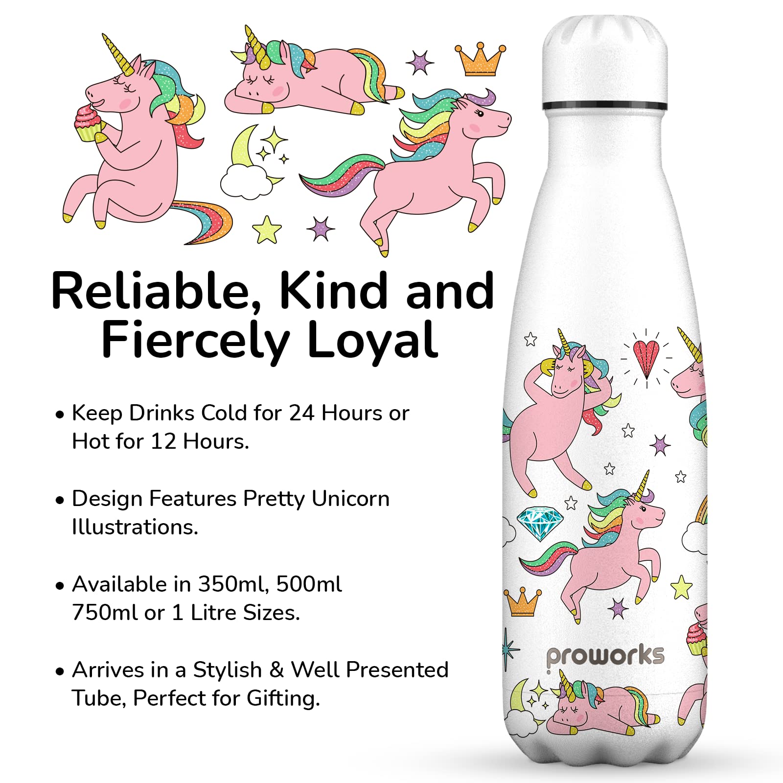 Unicorn Water Bottle 500ml - Proworks Stainless Steel Insulated Water Bottle, Unicorn - White, 500 ml - Image 2