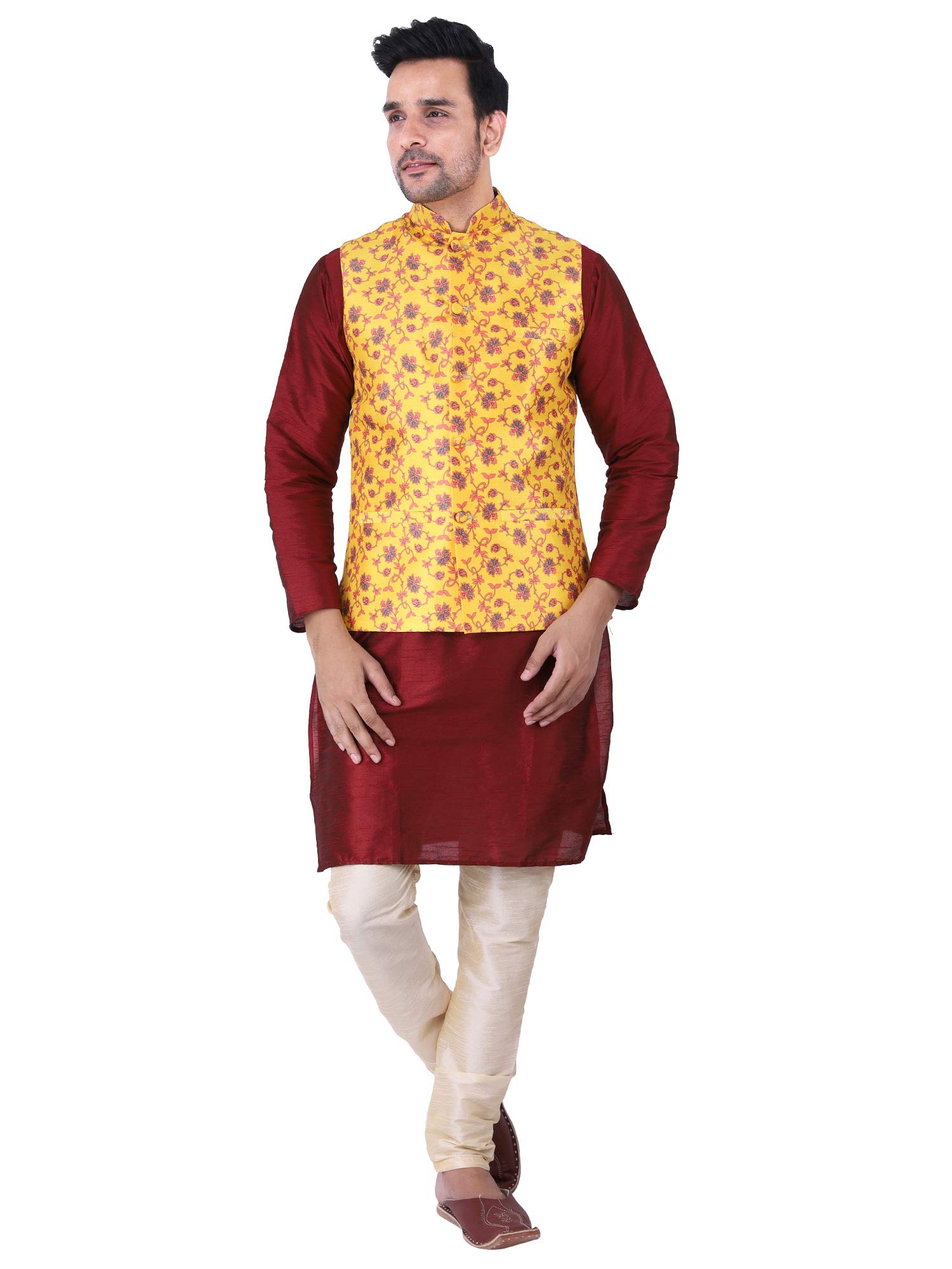 Men's Silk Kurta Pyjama with Print Nehru Jacket Set|Ceremonial wear Family Festival Casual wear Wedding|Modi Jacket with Kurta Pajama Set|Kurta Churidar Pajama with Print Waistcoat Set-image-20