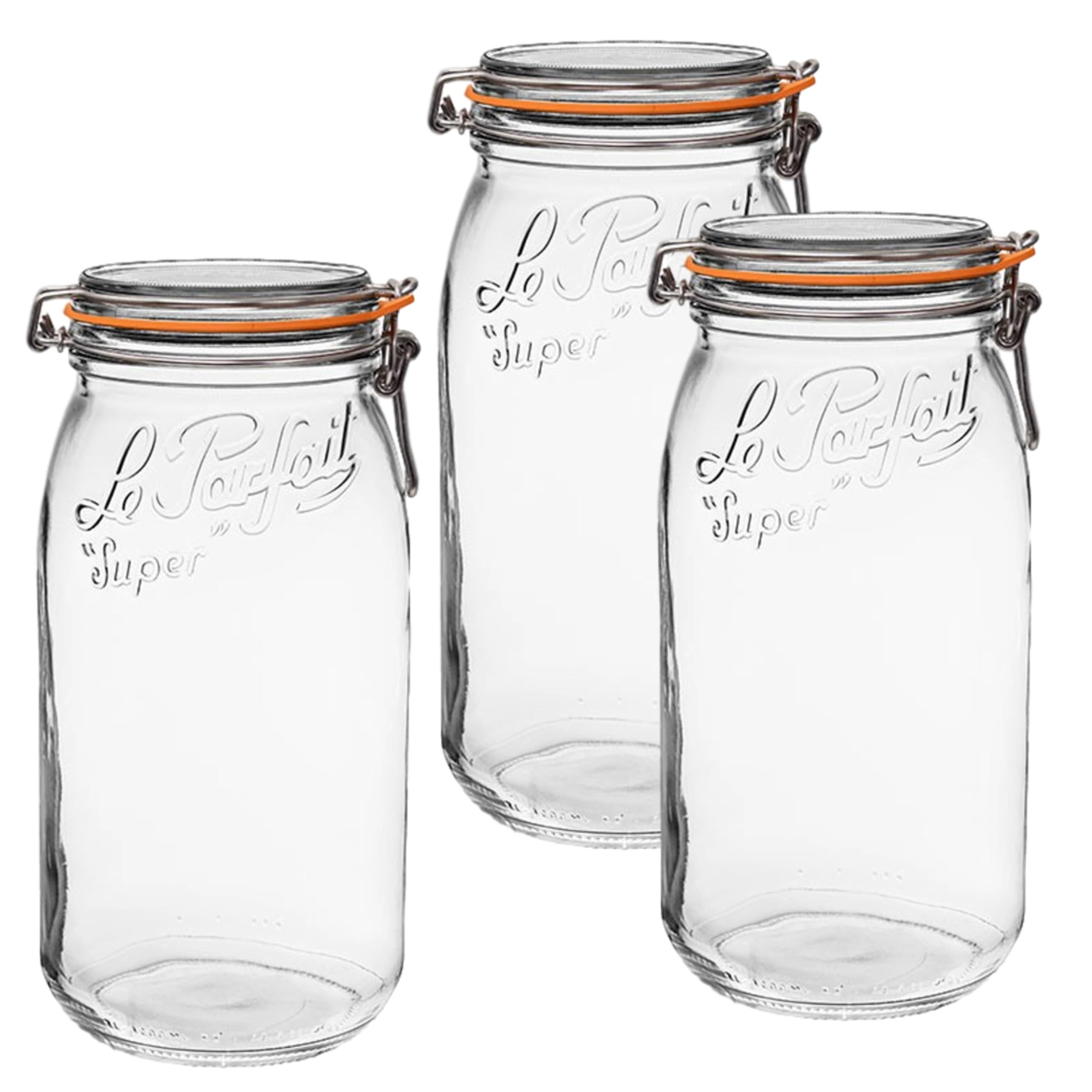 Le Parfait Super Jar - 3L French Glass Canning Jars w/Round Body, Wide Mouth, Airtight Lids (96oz/3 Quarts, 3 pk CP)
