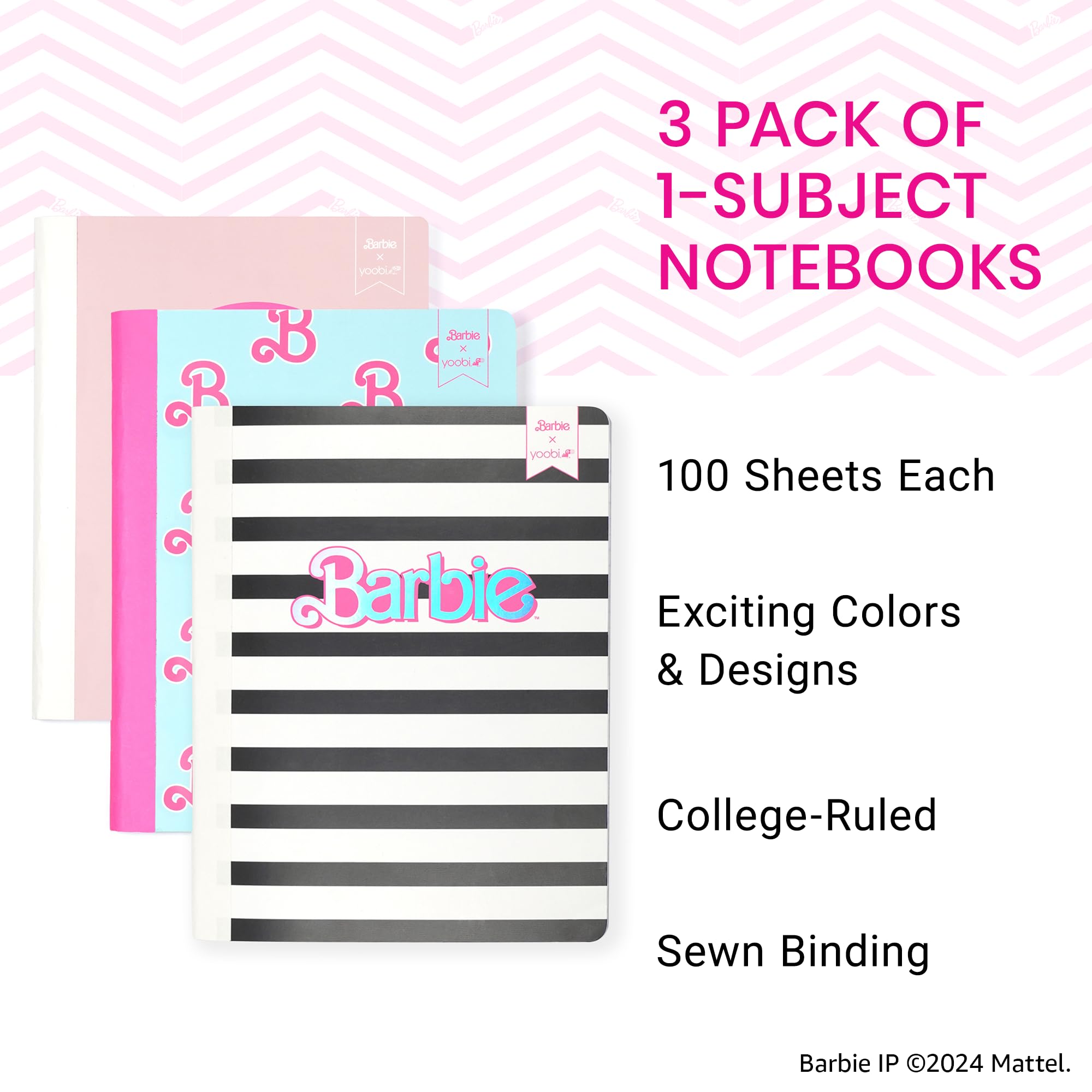 Yoobi Barbie College-Notizbücher, liniert, 3 Stück, 100 Blatt | 3-fach gelochte Blätter, perforierte Seiten, 100-150 Blatt, Multipack (3er-Pack oder 6er-Pack), lustige Drucke & Designs