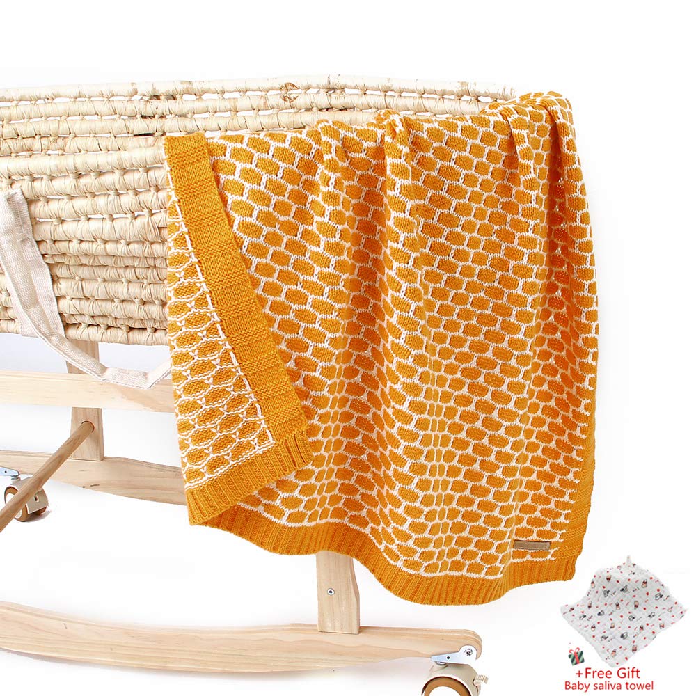 Odot Baby Soft Knit Pure Blanket for Boys and Girls One Size, Toddler Warm Swaddle Sleeping Square Throw Blankets Knitted Unisex Patterns Pram Cot Bed Textured Sleep Blanket (95 * 75cm,Orange)