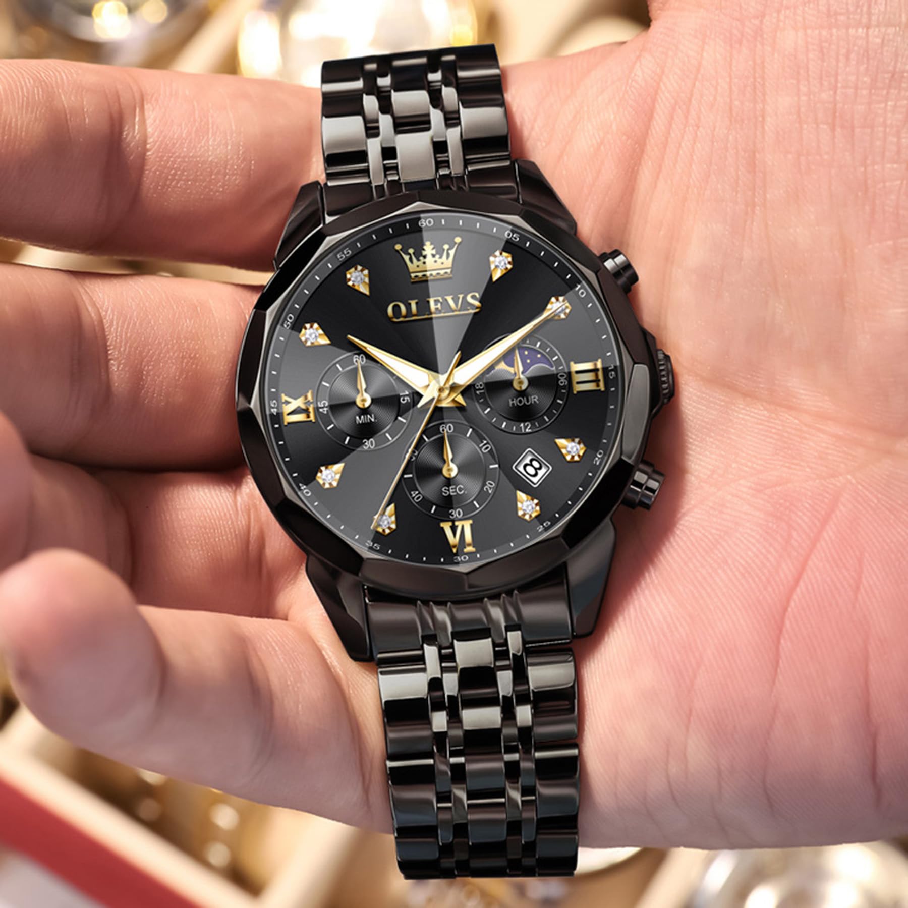 OLEVS Orologio da uomo, cronografo multifunzione con 4 contatori, lancette luminose, data, impermeabile fino a 3 ATM, cinturino in acciaio inossidabile, orologio da uomo al quarzo da uomo, H3670