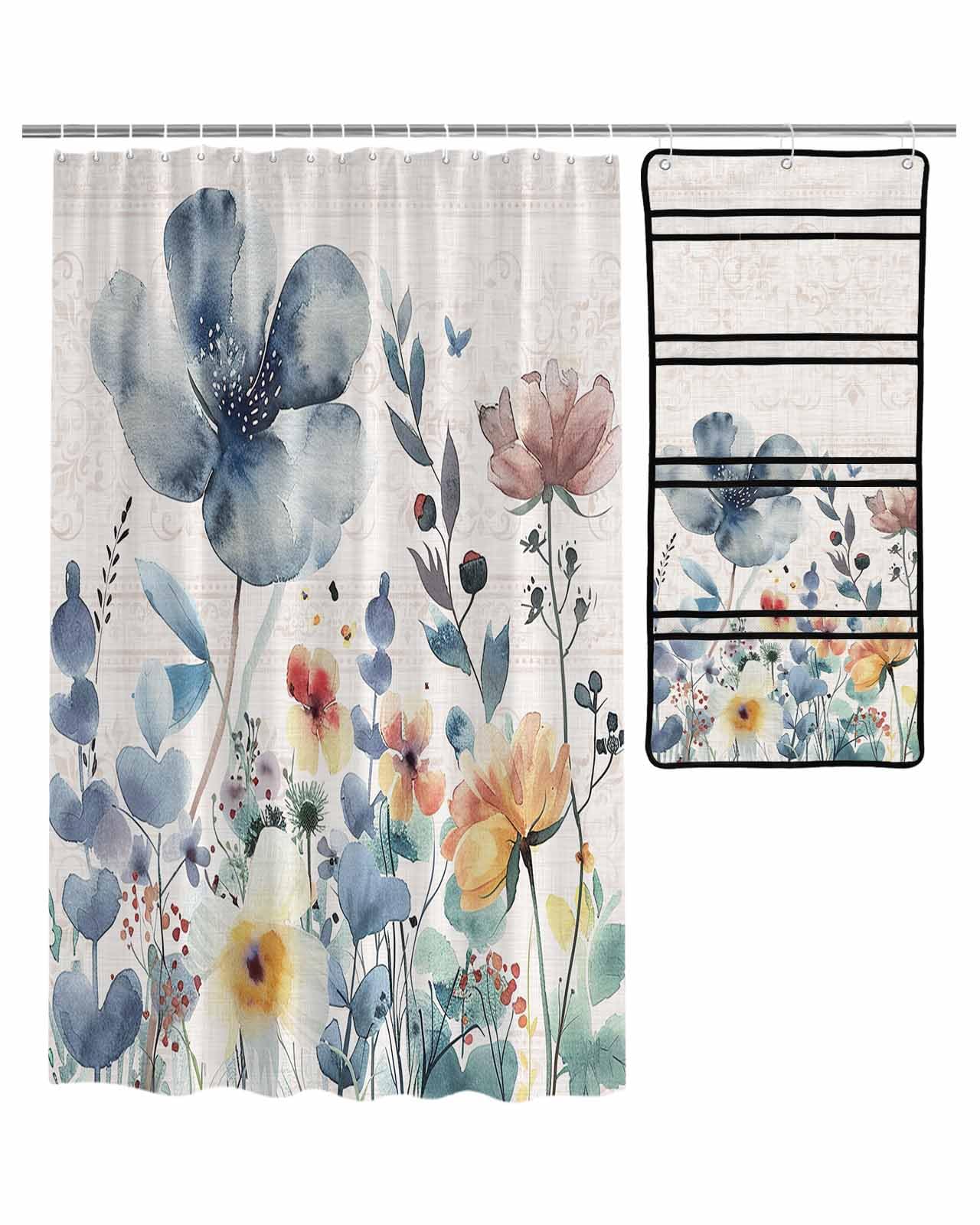 Floral Shower Curtain Mesh Shower Organizer Hanging Set Blue Watercolor Flowers Linen Waterproof Shower Curtains with 10 Pockets