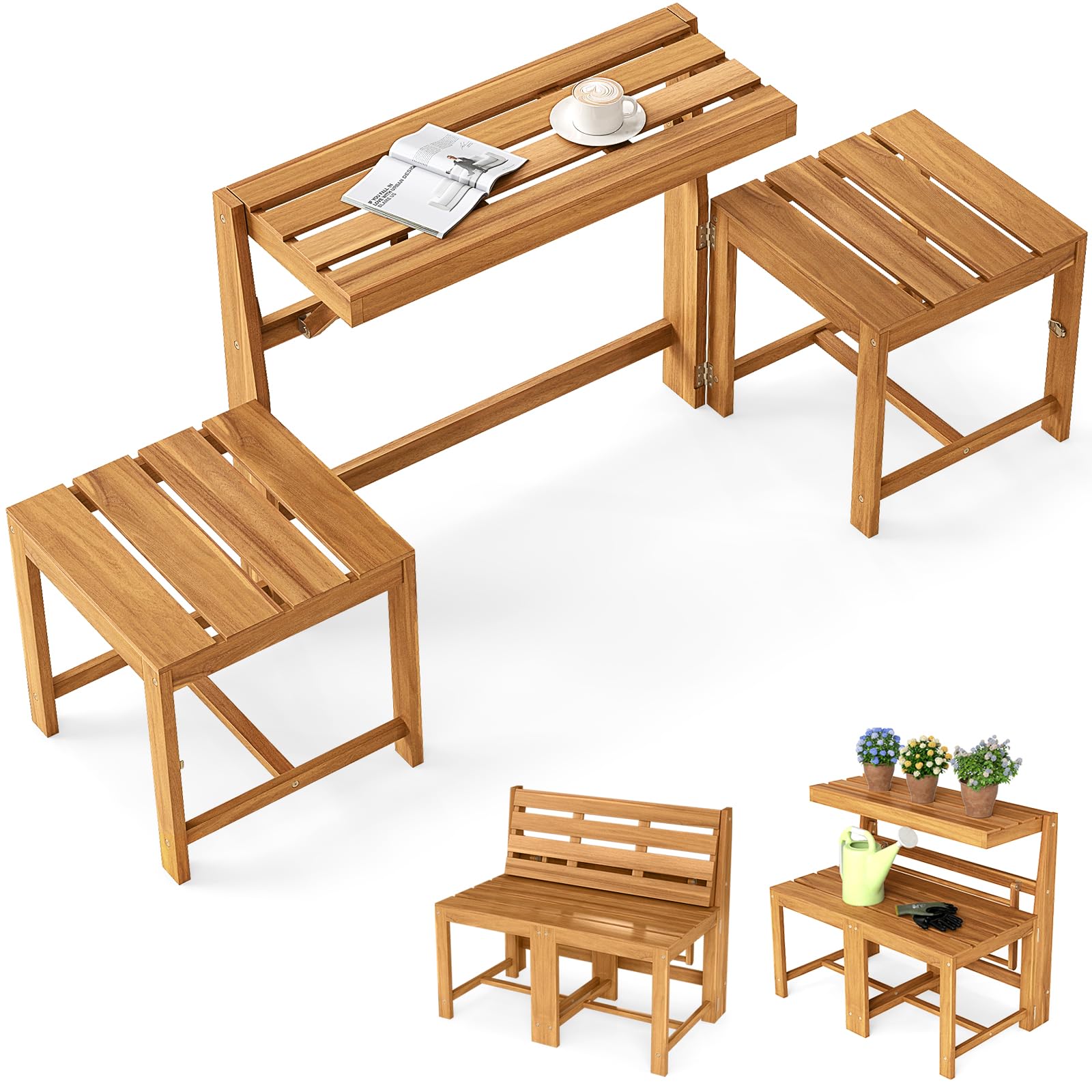 COSTWAY Panca Esterno Trasformabile 3 in 1, Panchina Giardino in Legno di Acacia con Schienale, Set Mobile Esterno con Tavolino e 2 Sedie, Supporto Piante per Terrazzo, Patio e Balcone