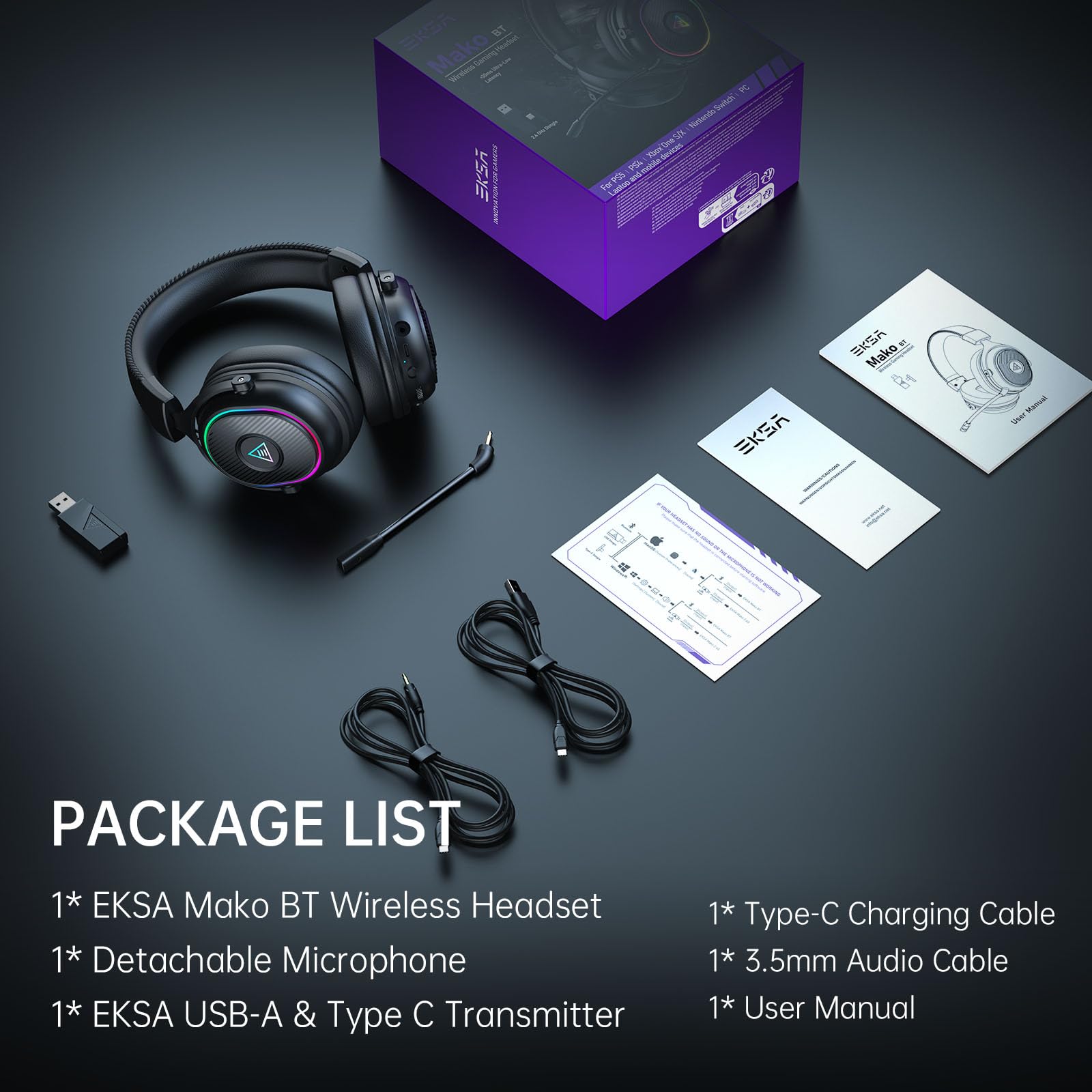 EKSA Mako BT Cuffie Gaming Wireless Per PC/Ps5/Ps4, 2,4GHz Wireless+5.3 Bluetooth Cuffie con Microfono 3D Qualità Audio Senza Perdita di Bassa Latenza, Durata di Oltre 80+ Ore
