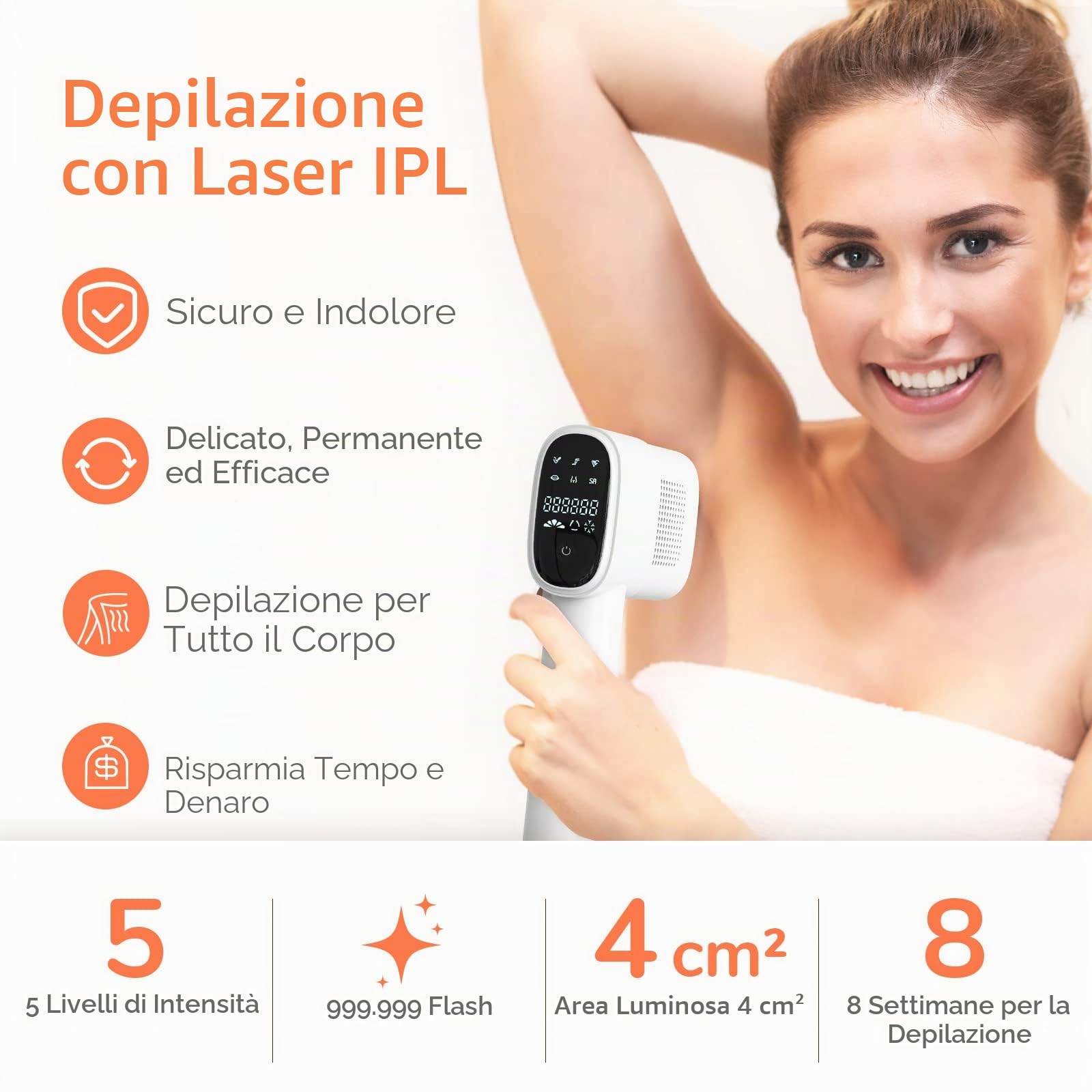 Epilatore Luce Pulsata, MORKOS IPL Epilatore Laser 999,999 Flash peli Donna e Uomo, Depilazione Indolore per Viso, Braccia, Gambe, Ascelle e linea Bikini, con 2 Modalità e 5 Livelli di Energia