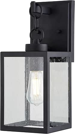 VAXCEL Berkley 14.5 in. H 1-Light Textured Black Transitional Outdoor Wall Sconce Made of Durable Metal, Clear Seeded Glass Shade, LED Compatible, Use for Exterior Porch Patio Front Door or Garage