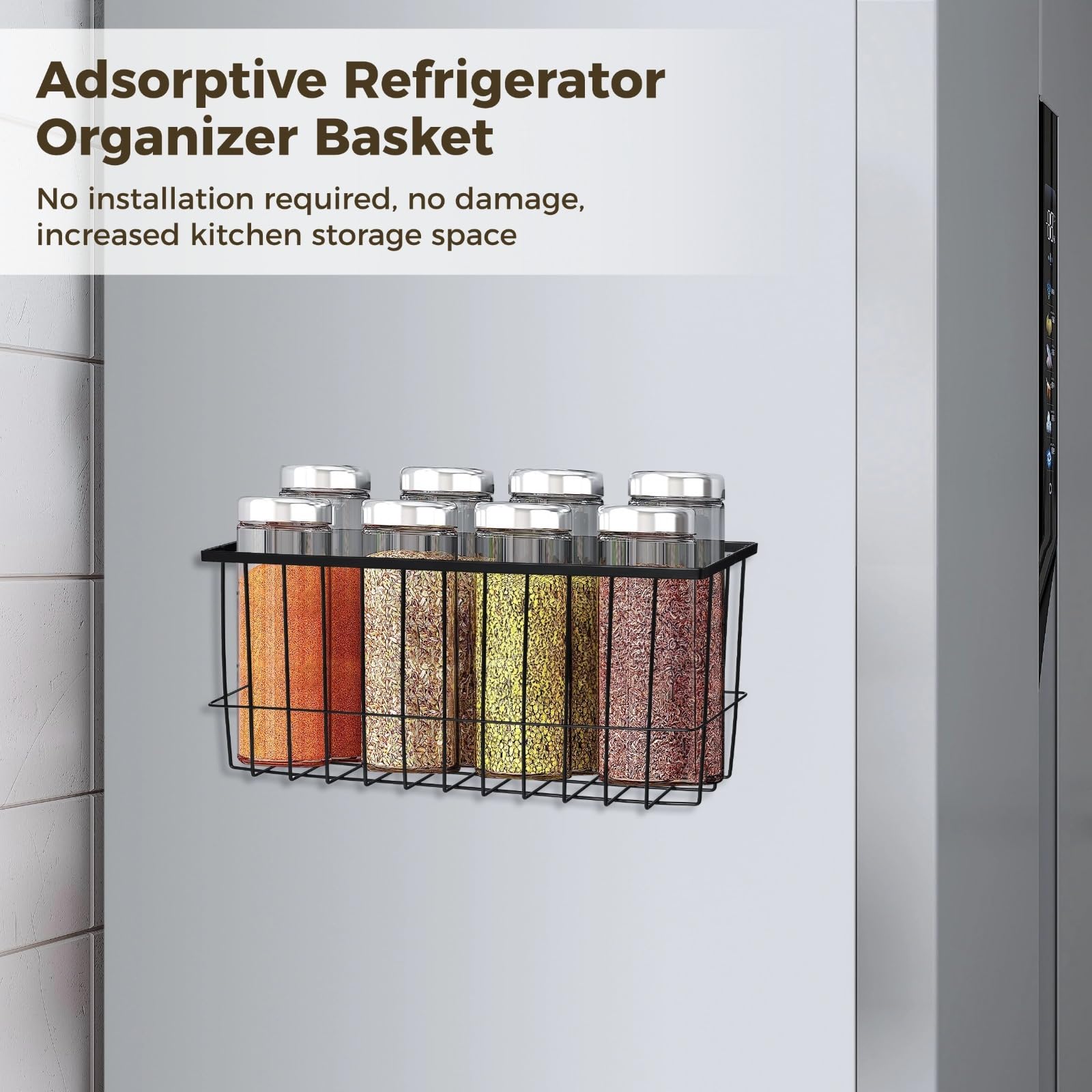 Générique Panier organisateur adhésif pour réfrigérateur, sans installation, support pour épices, panier latéral pour frigo, panier métallique sans perçage pour micro-ondes, placard, garde-manger