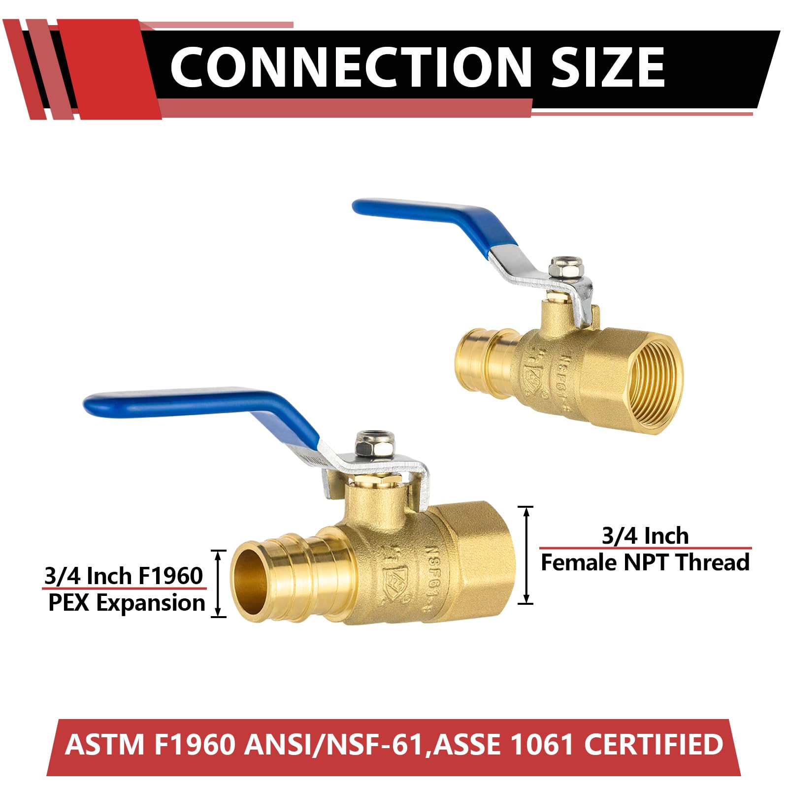 EFIELD - Válvula de bola de latón FNPT de expansión en frío Pex-A de 3/4 x 3/4 pulgadas para conexión de tubería Pex-A, ASTM F1960, palanca azul, certificado cUPC