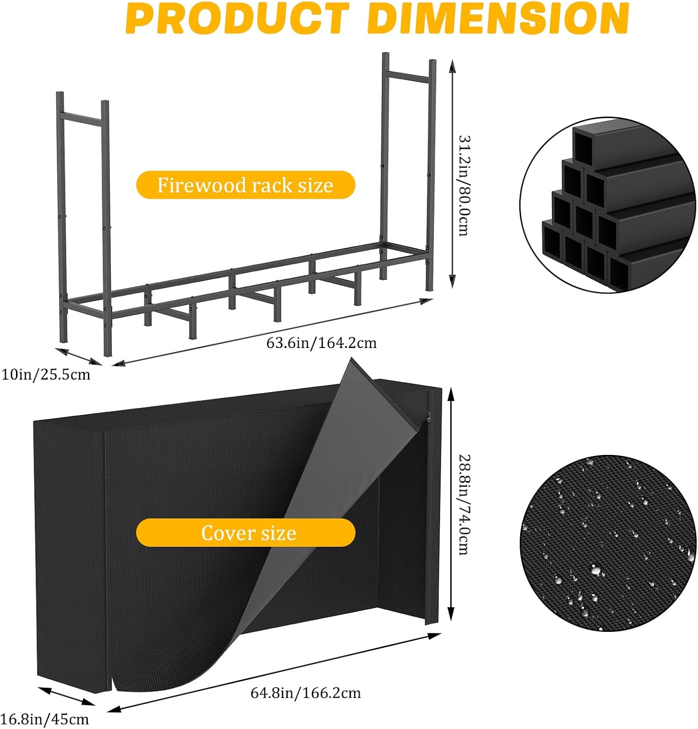 Outdoor Firewood Storage Holder with Cover, Heavy Duty Metal Indoor Log Stacker Rack with Weather Resistant 600D Oxford Fabric Cover, Wood Pile Storage Carrier Organizer Stand for Fireplace, Black