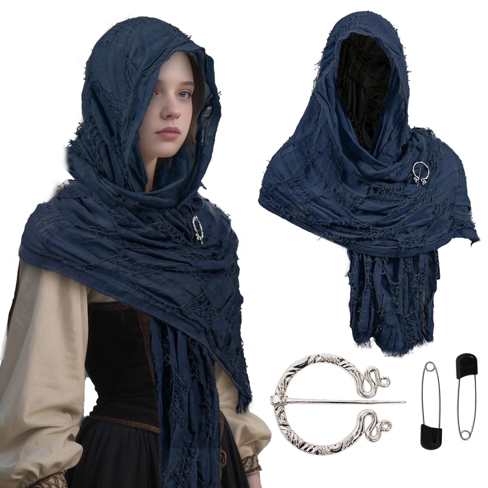 Skknuny Dune Adult Medieval Hooded Shawl Scarf Renaissance Viking Cowl Cloak Wrap Wasteland Sand Hooded Shawl with Viking Brooch (Blue)