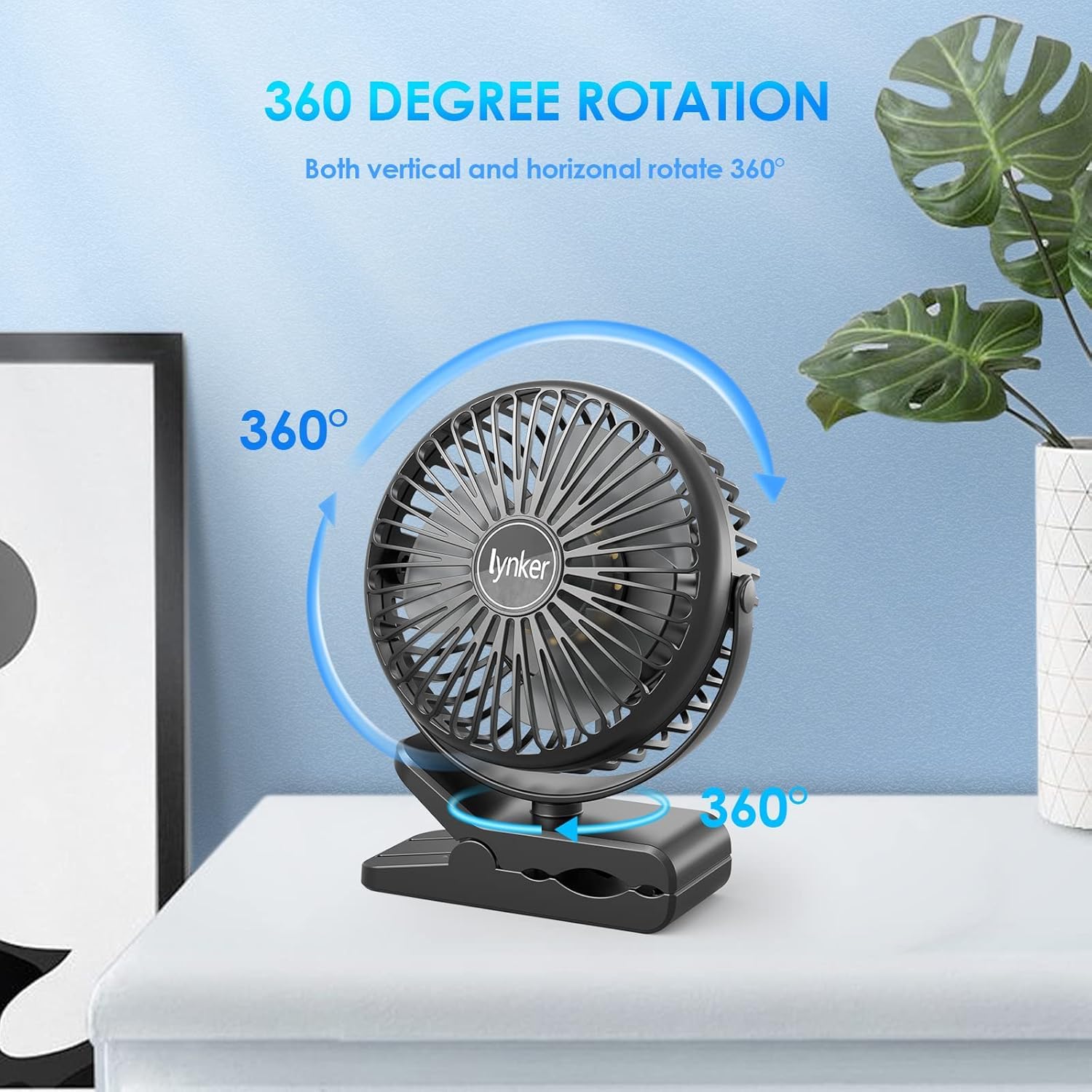 lynker Mini USB Clip Ventilator 10000 mAh, 12-40h, 3-IN-1 Clip Fan Tischventilator mit LED-Licht, Leise Camping Ventilator, 360° Drehung, 3 Geschwindigkeiten für Büro, Ausflüge