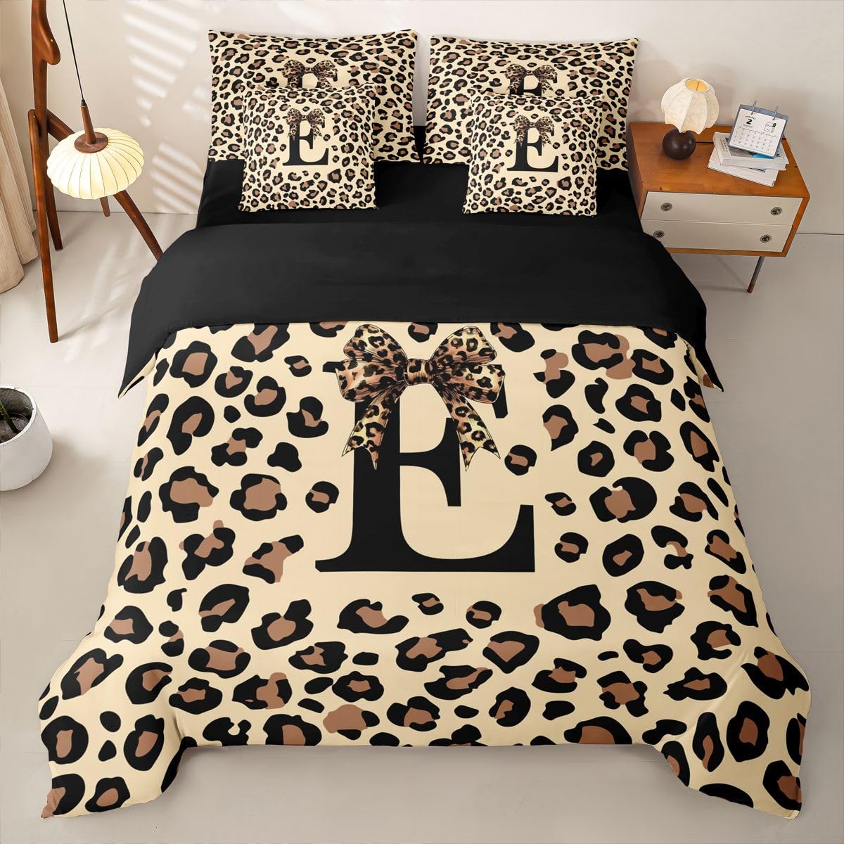 Loussiesd Set di biancheria da letto con copripiumino e lenzuola, 7 pezzi, per letto singolo, con stampa leopardata e fiocco