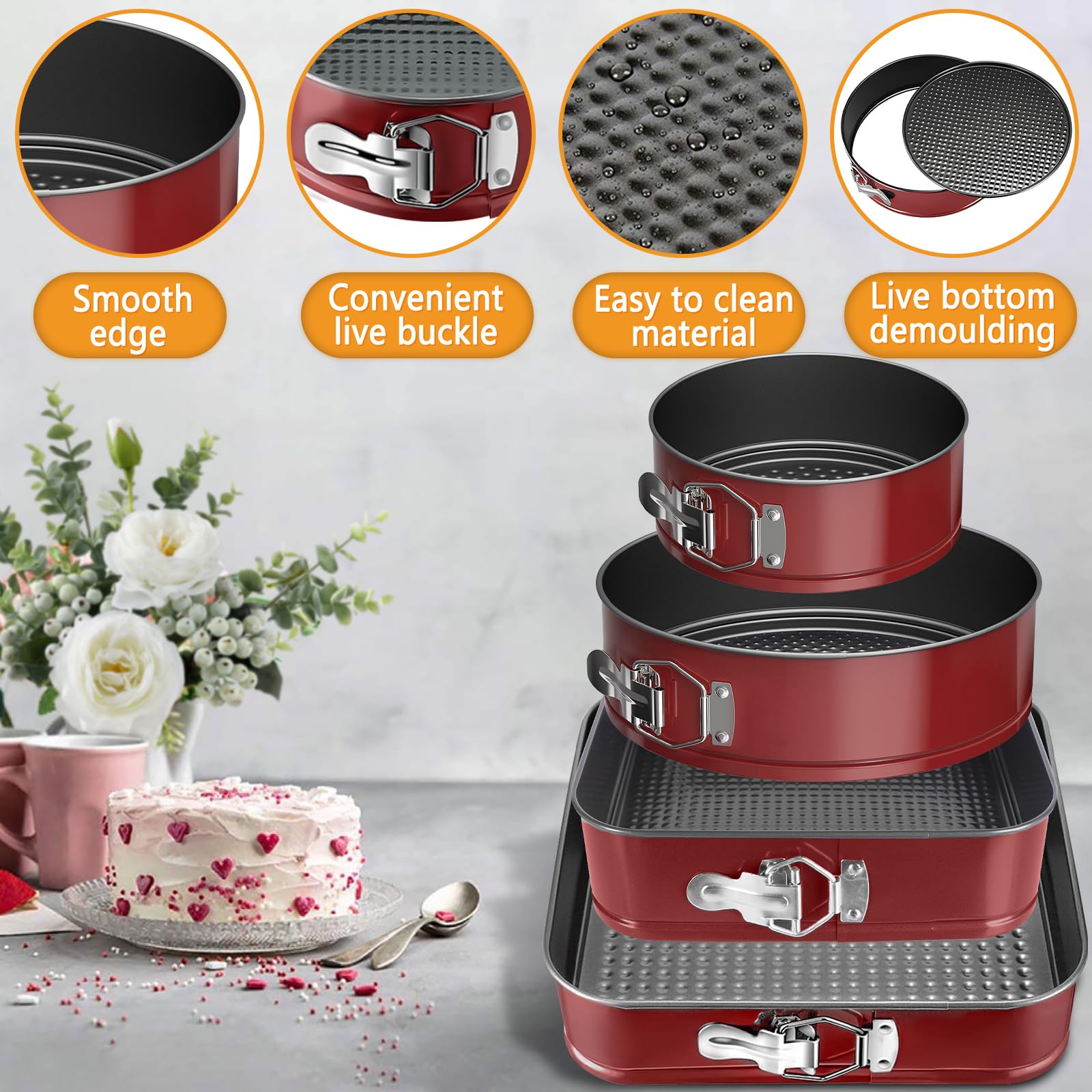 FAMKEEP Tortiera Rimovibile,Teglia da Forno Rotonda 4 Pezzi Stampi per Dolci, Quadrate, Springform (16/20/22/26cm) Rivestimento Antiaderente Cake Pan Ideali per cheesecakes
