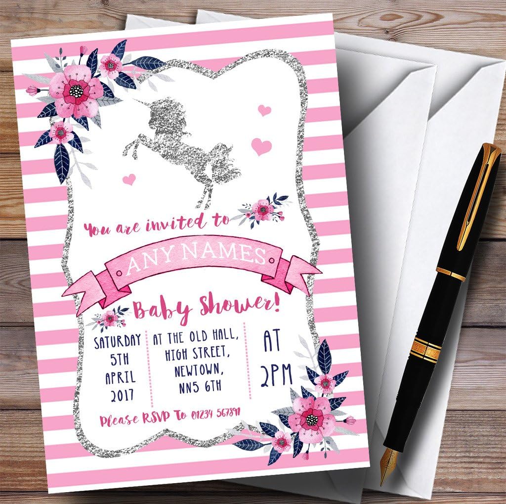Silver & Pink Unicorn Invitations Baby Shower Invitations