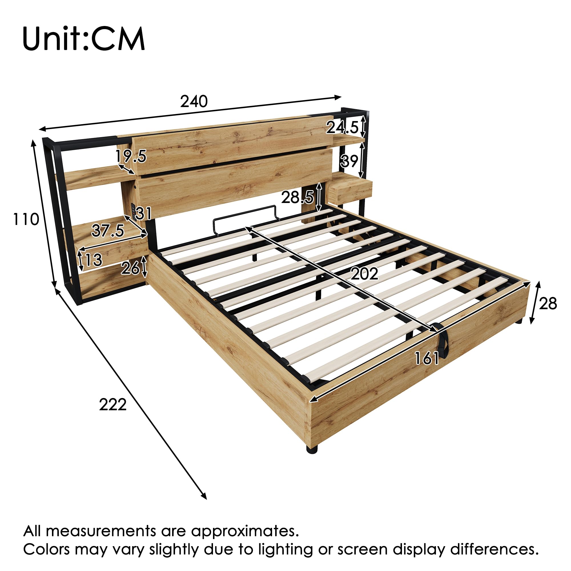 Doppelbett Holzbett Bettrahmen 160x200cm mit Hydraulik Stauraum & USB-C Ladestation | Industriestil Bett mit Schubladen & Nachttisch | Eichenoptik, Metallrahmen (Ohne Matratze)