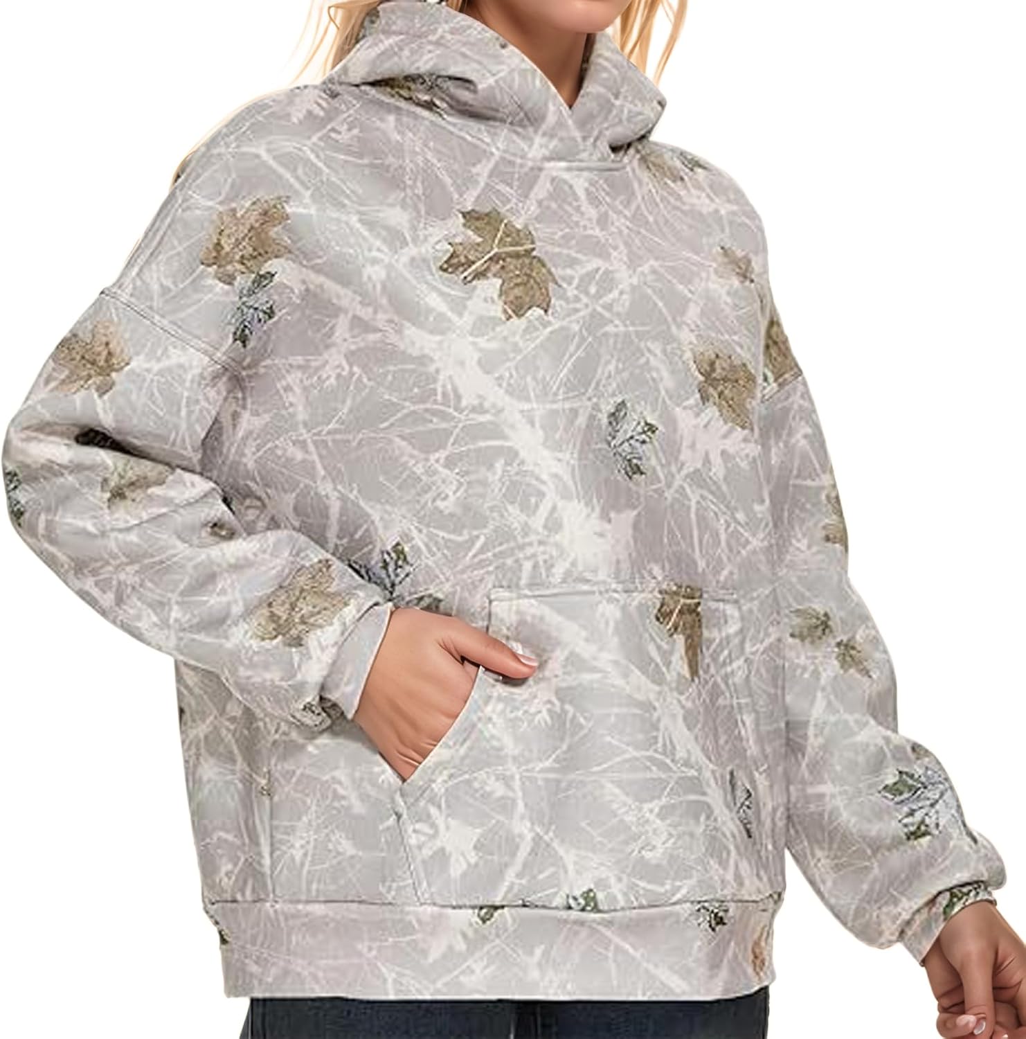 Women's Camo Hoodies Sweatshirt Maple Leaf Print Oversized Fleece Sweatshirts Classic Pullover with Pocket - Image 3