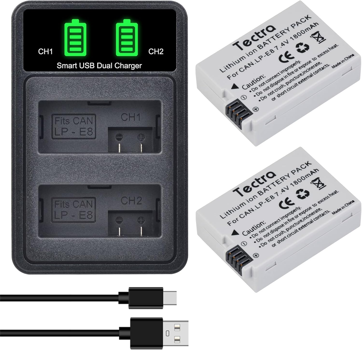 Tectra LP-E8 LPE8 Battery, 2-Pack 1800mAh Battery with LED Dual Charger for Canon EOS Rebel T2i, T3i, T4i, T5i, EOS 550D, 600D, 650D, 700D, Kiss X4, Kiss X5, Kiss X6 Digital Cameras
