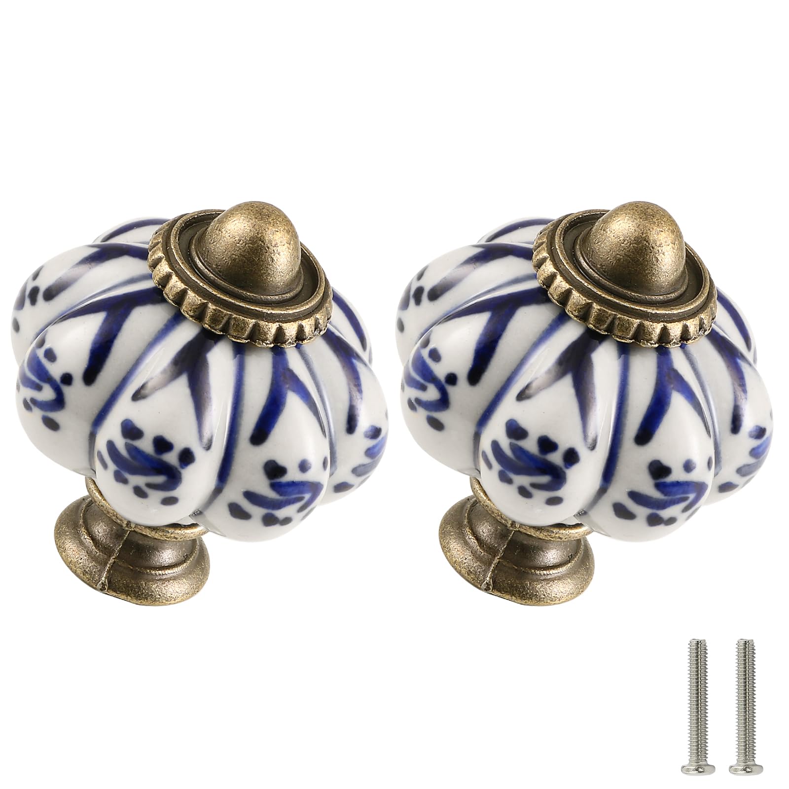Ivory & Deep Blue Pumpkin Knobs 6 Pack Ceramic Cabinet Knobs Vintage Drawer Pulls - Antique Dresser Pulls with Screws - Deep Blue Flower