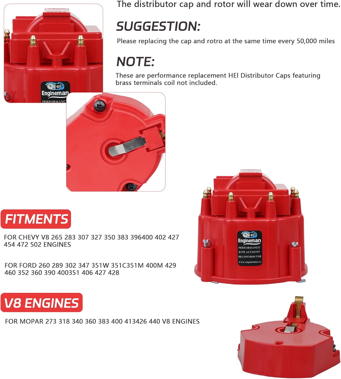 Red Male HEI Distributor Cap and Rotor Kit for SBC BBC 283 305 307 327 350 396 454 V8 Engines Performance Replacement for K549, 8416, 400, 454 Distributor Cap Assembly