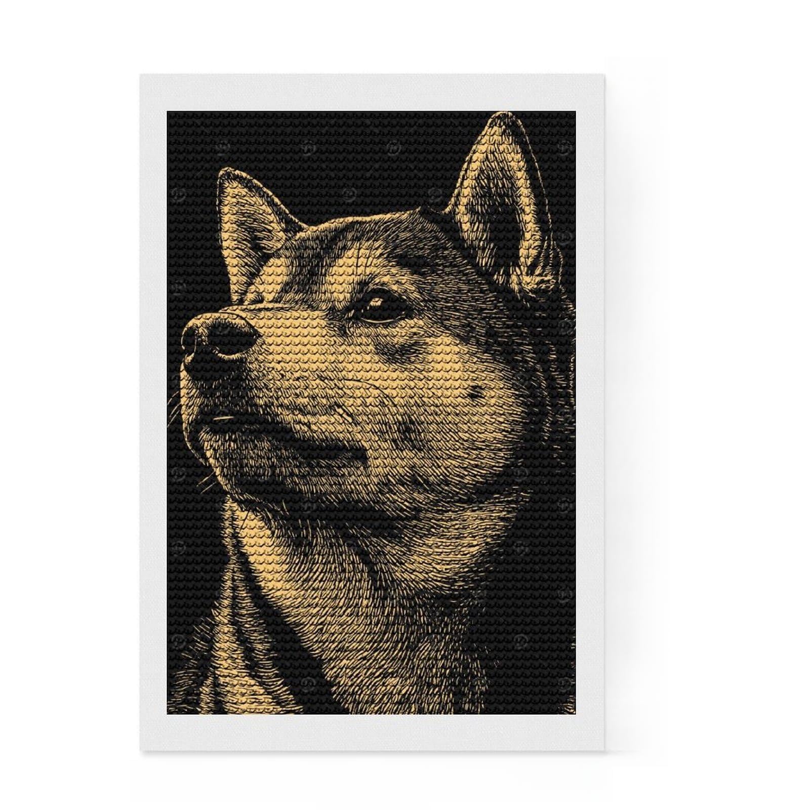 Junmoney Shiba Inu Dog Portrait Illustration 5D Diamond Painting Kit 8"x12", Round Gems, Living Room Decor, Decorative Artwork, Vintage Style Decor
