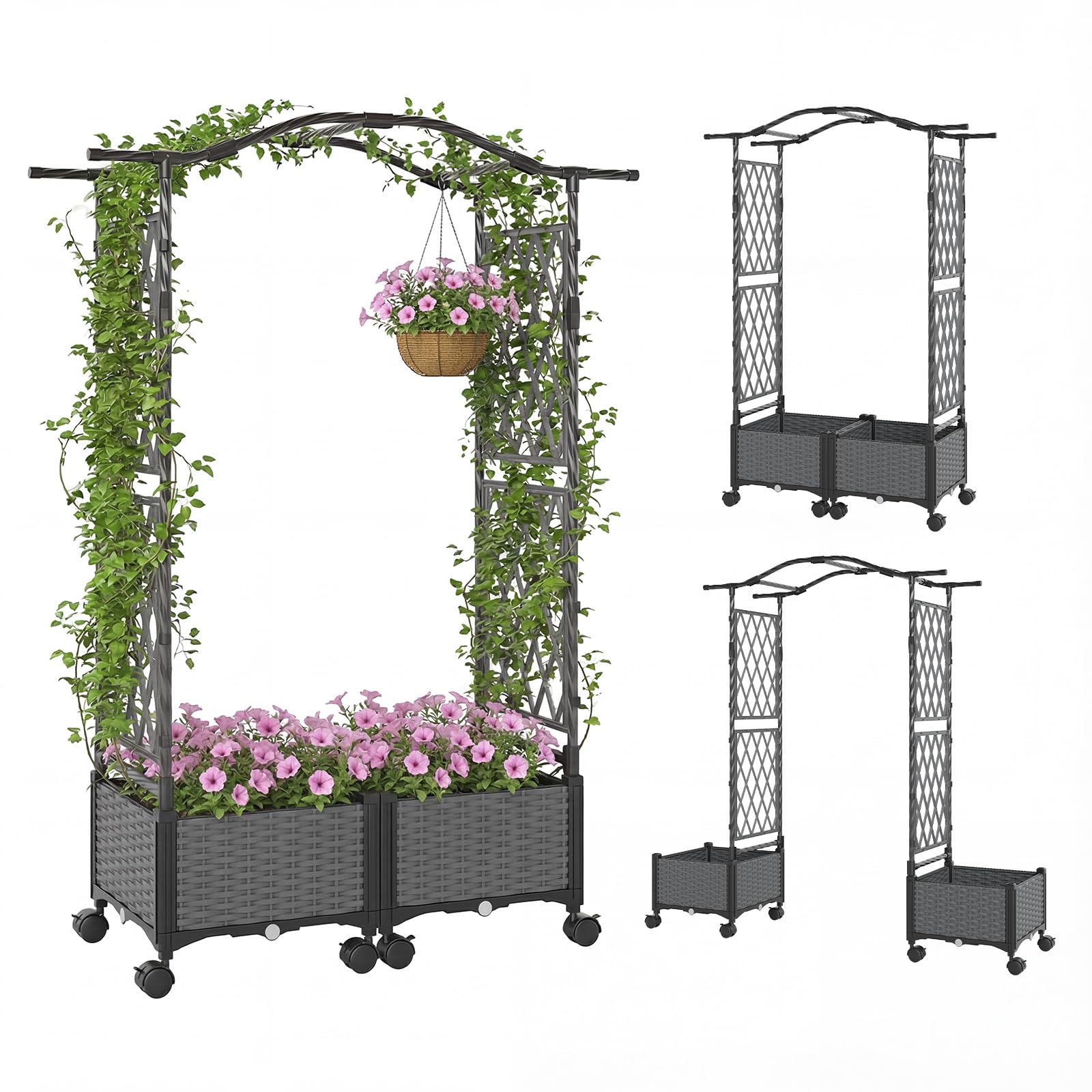 COSTWAY Fioriera Rialzata con Graticcio e Tetto, Irrigazione Automatica e Ruote Bloccatili, Letto da Giardino Rialzato in Rattan Impermeabile per Piante Rampicanti, Fiori ed Erbe (Grigio)