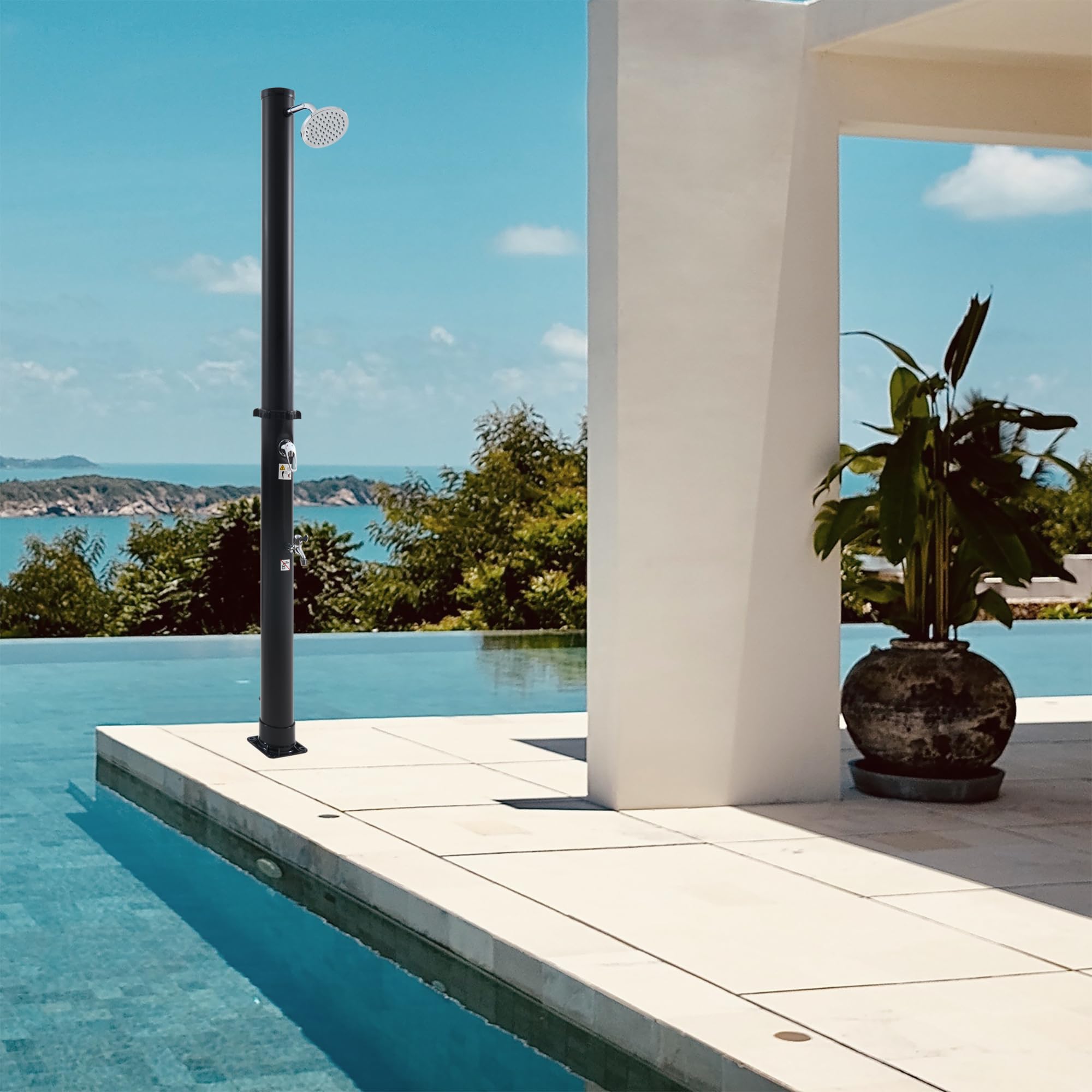 casa.pro Ducha Solar Exterior Frerievn para Piscina Jardín Terraza con Cabezal Giratorio Grifo para Piés Temperatura Ajustable máx. 60°C Tanque de 18L Plástico/Metal Altura 215 cm - Negro