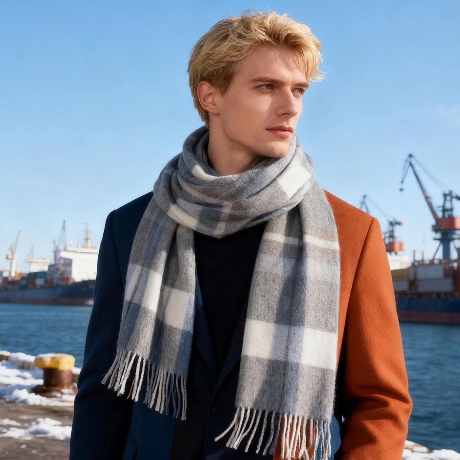 100% Merino Wool Plaid Tassel Scarf for Women and Men, Winter Warm Long Scarves, Large Travel Blanket Scarf Wrap in Gift Box - Image 3