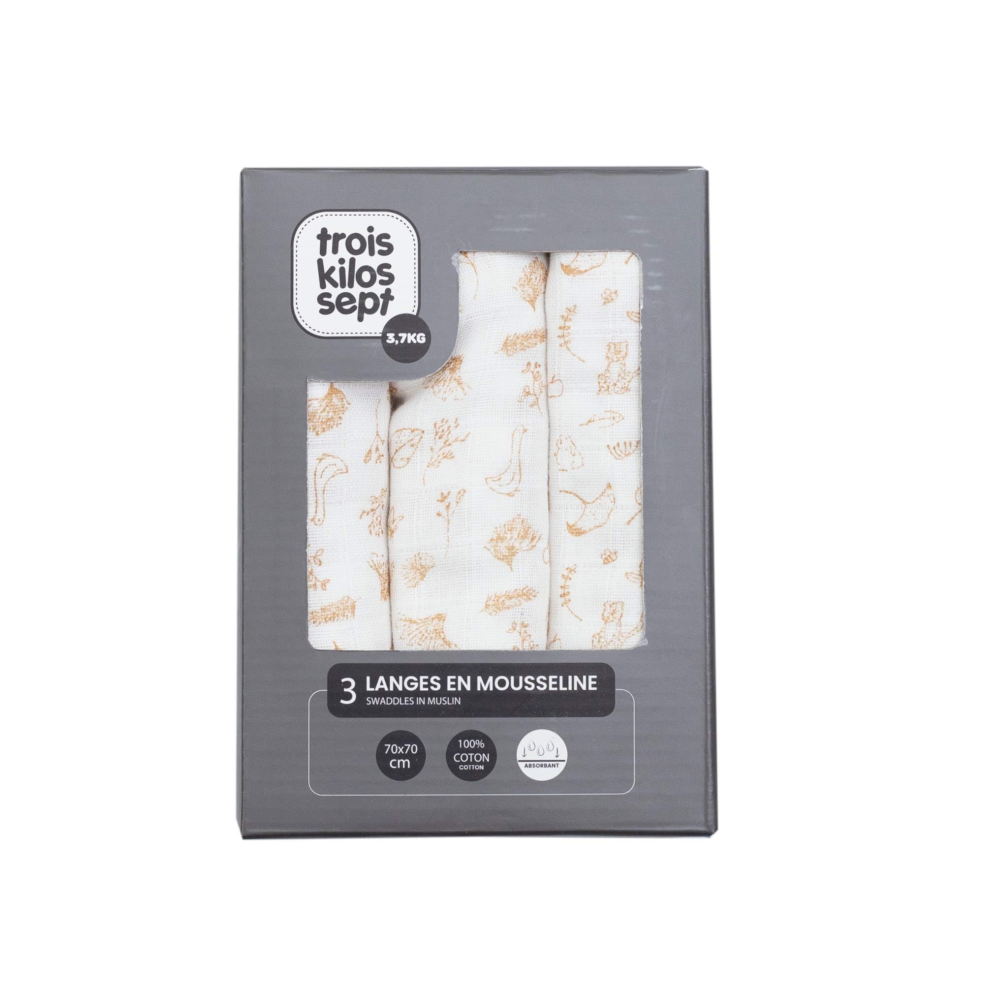 Trois Kilos Sept - Lot de 3 Langes bébé - Carrés de Mousseline Coton 70x70cm - Multi-​usages: Couverture, Doudou, Bavoir, Protection Solaire, Certificié OEKO-​TEX® STANDARD 100 - Motif Nature - Lot de 3