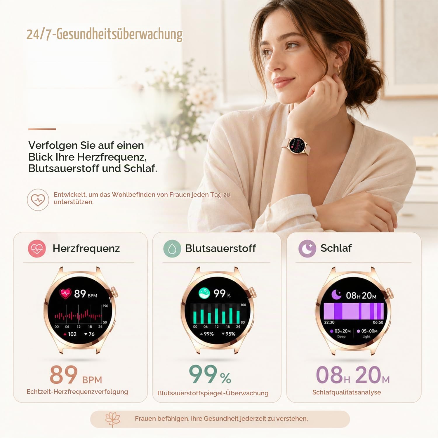 Smartwatch Damen mit Telefonfunktion, 1,27" HD Fitnessuhr mit 110+ Sportmodi, Herzfrequenz Schlafmonitor SpO2 Schrittzähler, IP68 Wasserdicht Smartwatch Damen Rund für iOS Android, Roségold
