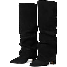 Synchoiss Fold Over Knee High Boots Women Wide Calf Chunky Heel Shark Boots | Faux Leather Slouchy Boots, Pointed Toe, Side Zipper, Fashion Tall Boots for Evening Bridal Office Fall and Winter Outfits