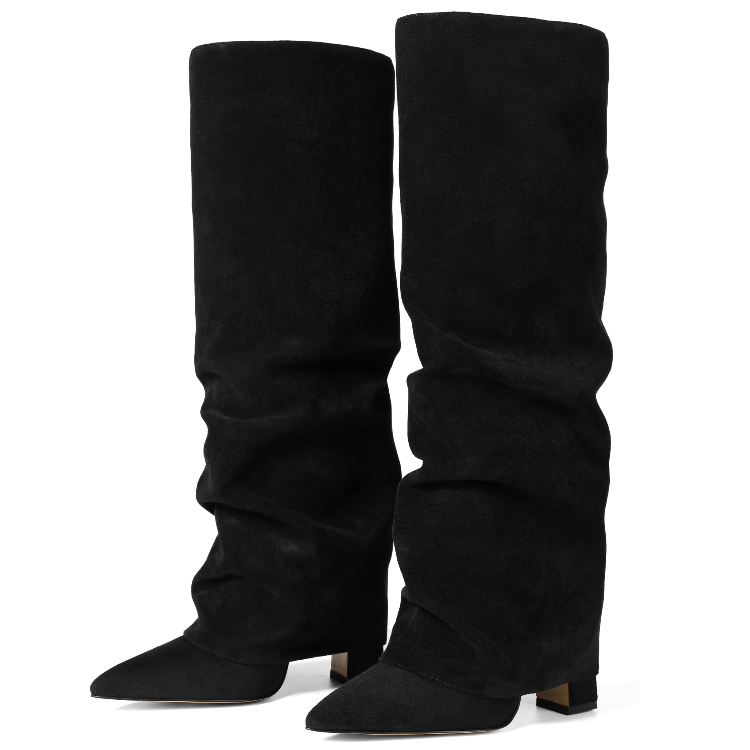 Synchoiss Womens Knee High Boots Wide Calf Chunky High Heel Boots Fashion Fold Over Boot Pointed Toe Winter Fall Tall Boots for Women Pull on Trendy