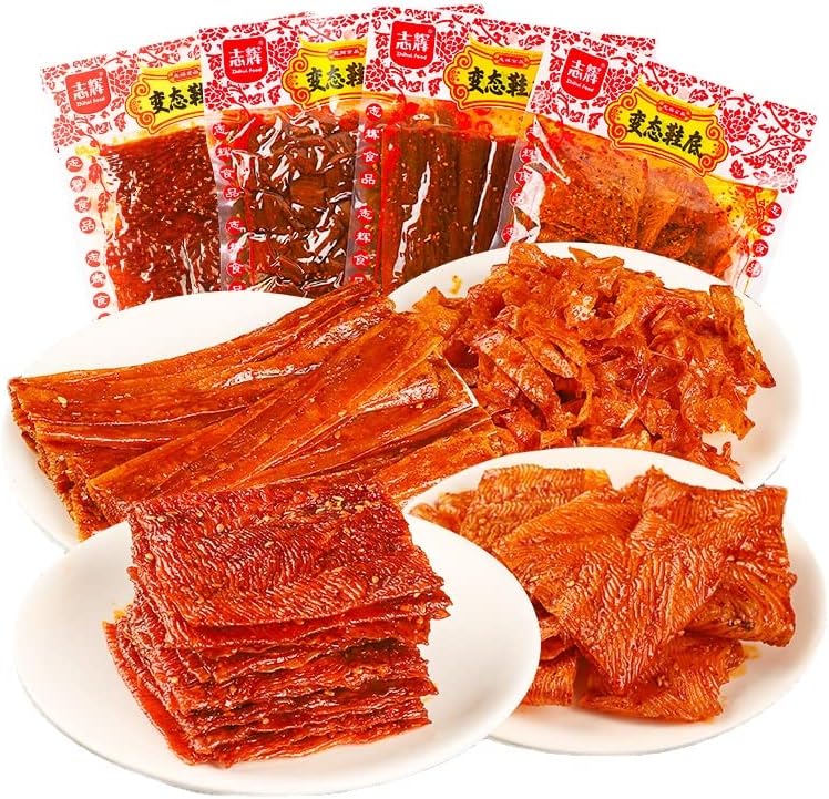 Super Spicy Strips, 志辉鞋底辣条 超级辣 平江爆辣辣片 Hot and Spicy Snacks, Pingjiang latiao, Spicy Bar Spicy Block, Big Spicy Piece Nostalgia Spicy, Internet Celebrity Snacks, Convenient Fast Food (140g/bag,12bags)