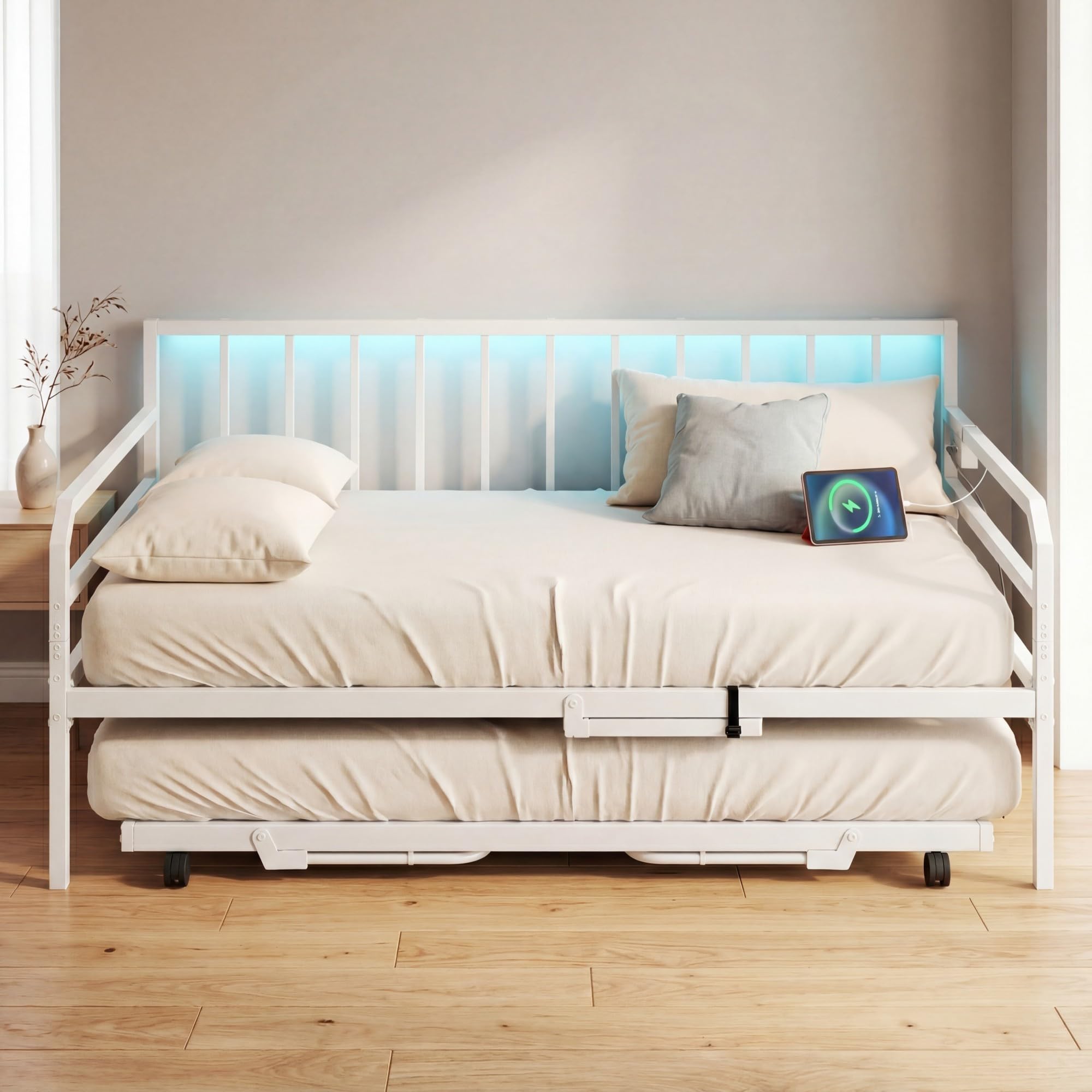 KOMFOTTEU Estructura de Sofá Cama Extensible de 2 Plazas 90 x 200 cm, Cama Nido de Metal con Luces LED, Estación de Carga, Listones Resistentes, para Salón, Dormitorio, Apartamento (Blanco)