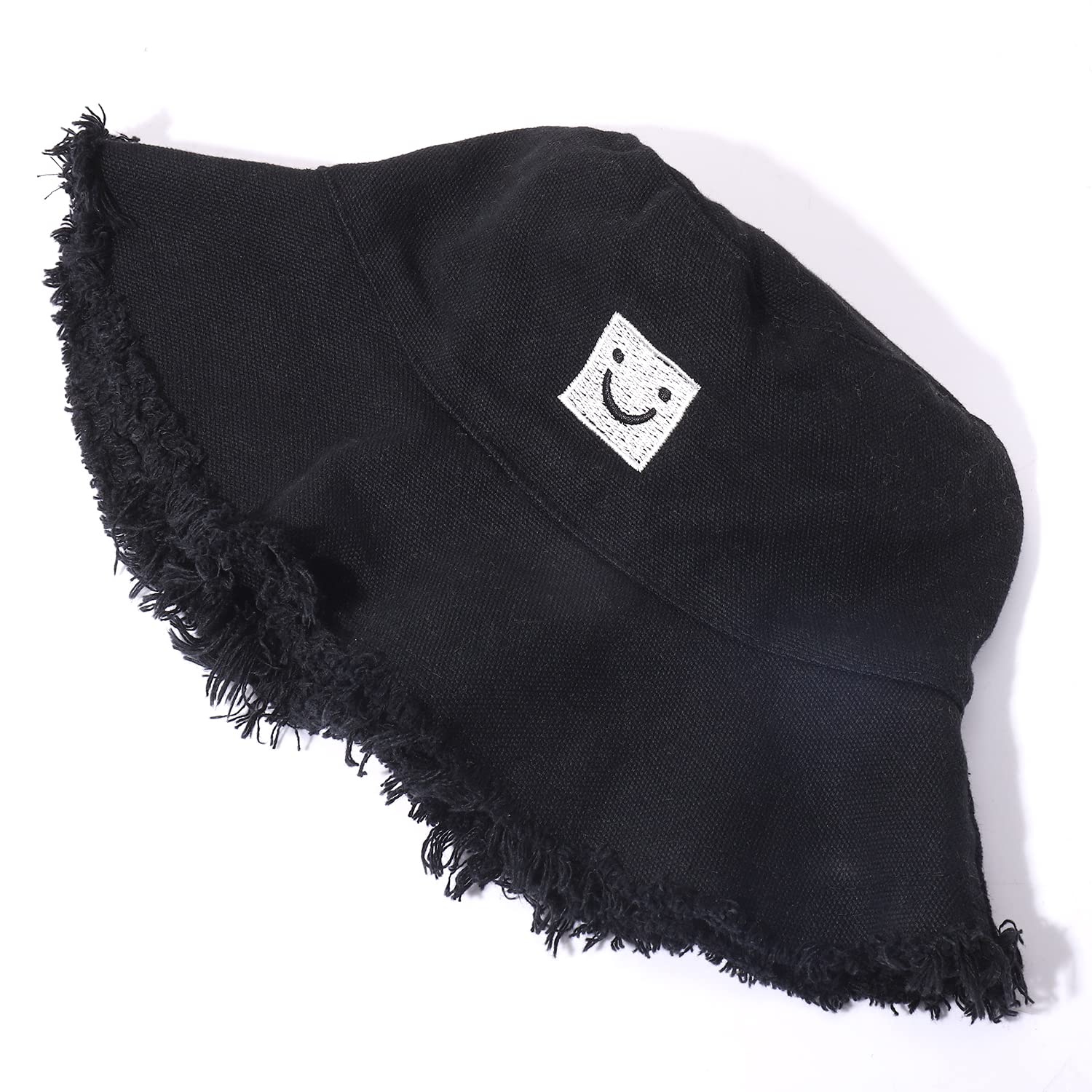 Bucket Sun Hats for Women Wide Brim Cotton Beach Hats Packable Frayed Edge Smile Sunflower Hats Summer Vacation Accessory (Black Smile)