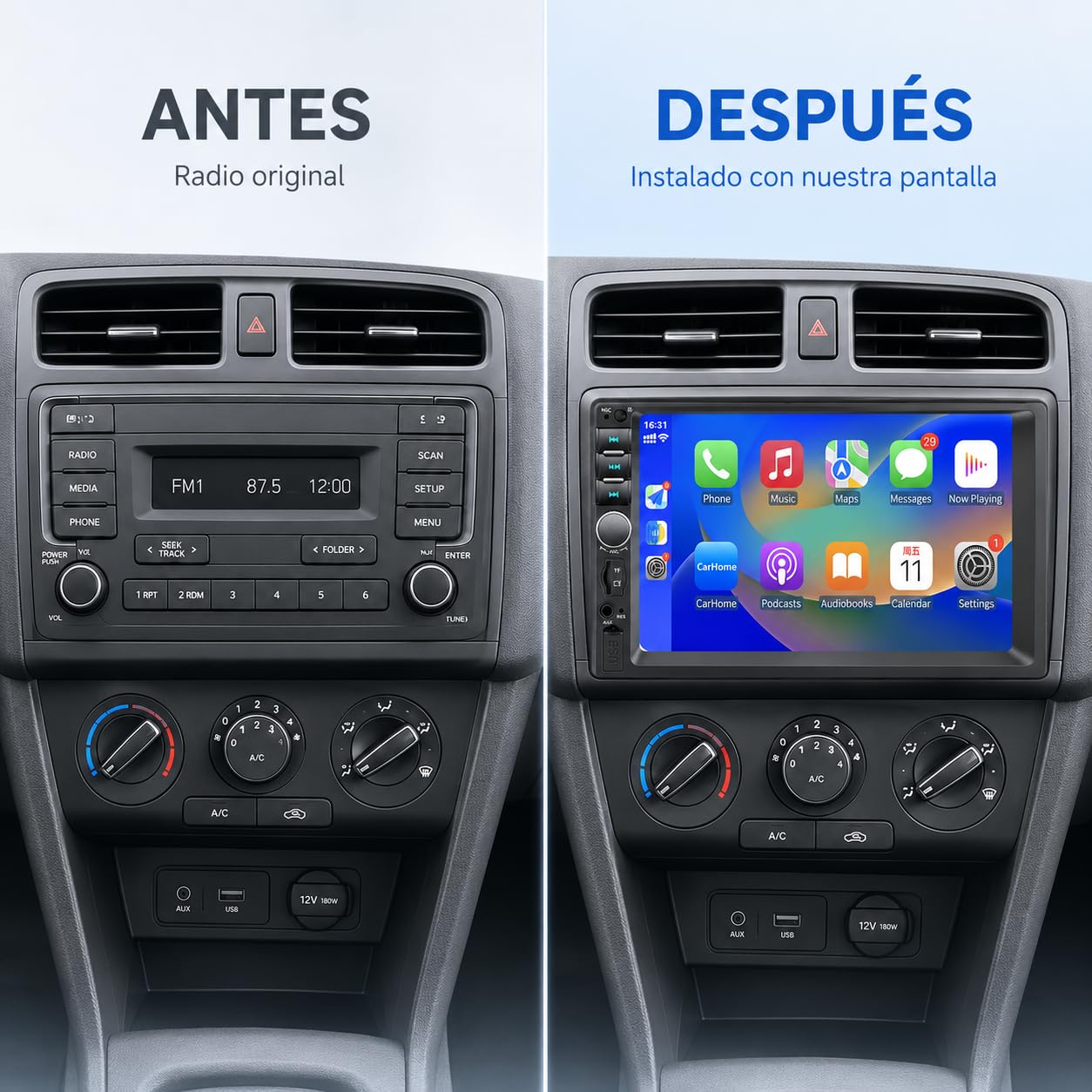 Autoradio Bluetooth 2 DIN con Carplay e Android Auto, 7 pollici con touchscreen 1080P Car Stereo supporta vivavoce/FM/Mirror Link/Wheel Control/porta USB/AUX/EQ/TF/WMA