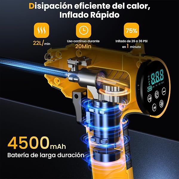 Marca: Ipflin Ipflin Inflador Ruedas Coche 150PSI - 22L/min Compresor Aire Portátil Recargable, Inflador Eléctrico Inalámbrico con Pantalla Digital y Luz LED, 4 Modos Preestablecidos para Coche/Bicicleta/Moto/Balón in use