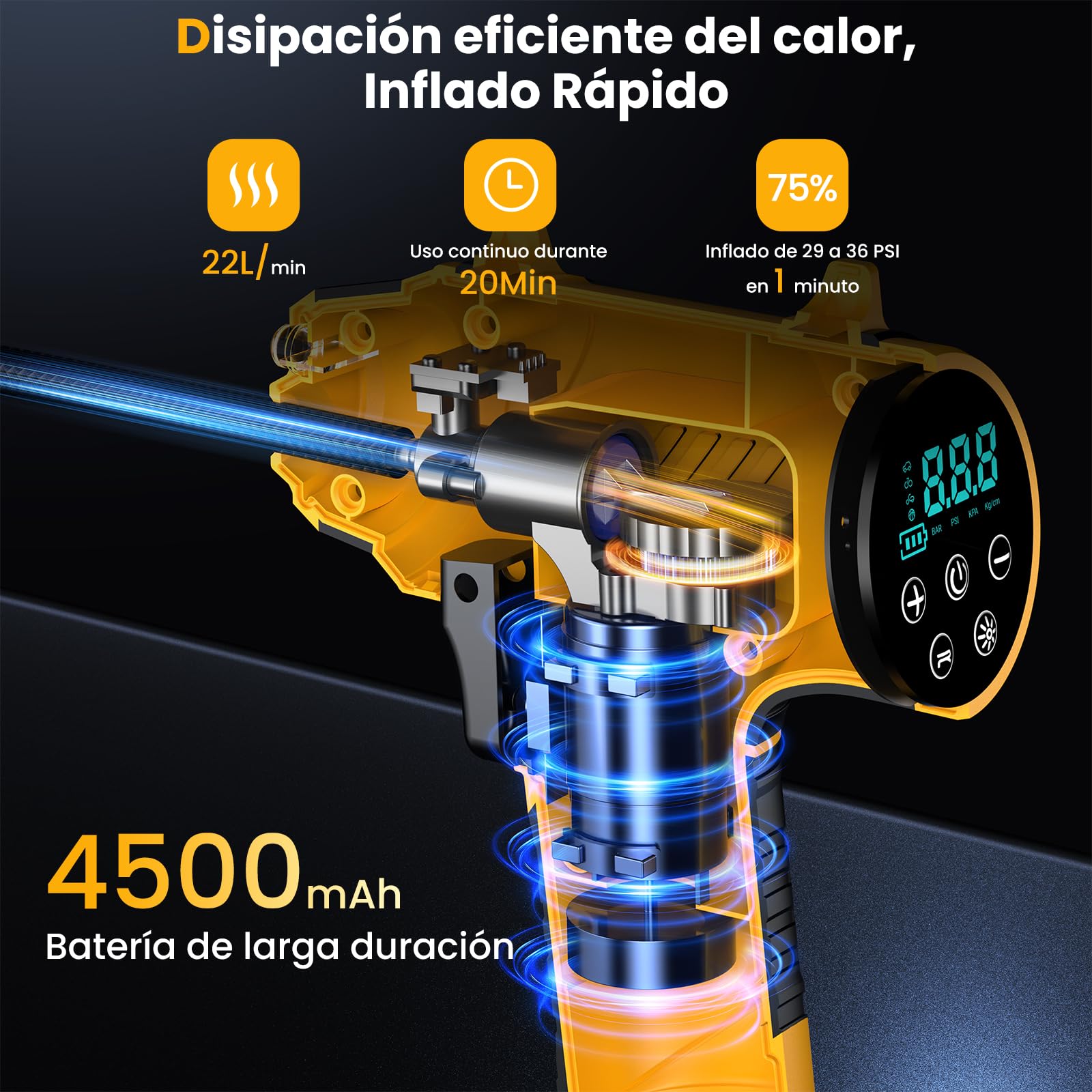 Ipflin Inflador Ruedas Coche 150PSI - 22L/min Compresor Aire Portátil Recargable, Inflador Eléctrico Inalámbrico con Pantalla Digital y Luz LED, 4 Modos Preestablecidos para Coche/Bicicleta/Moto/Balón - 3