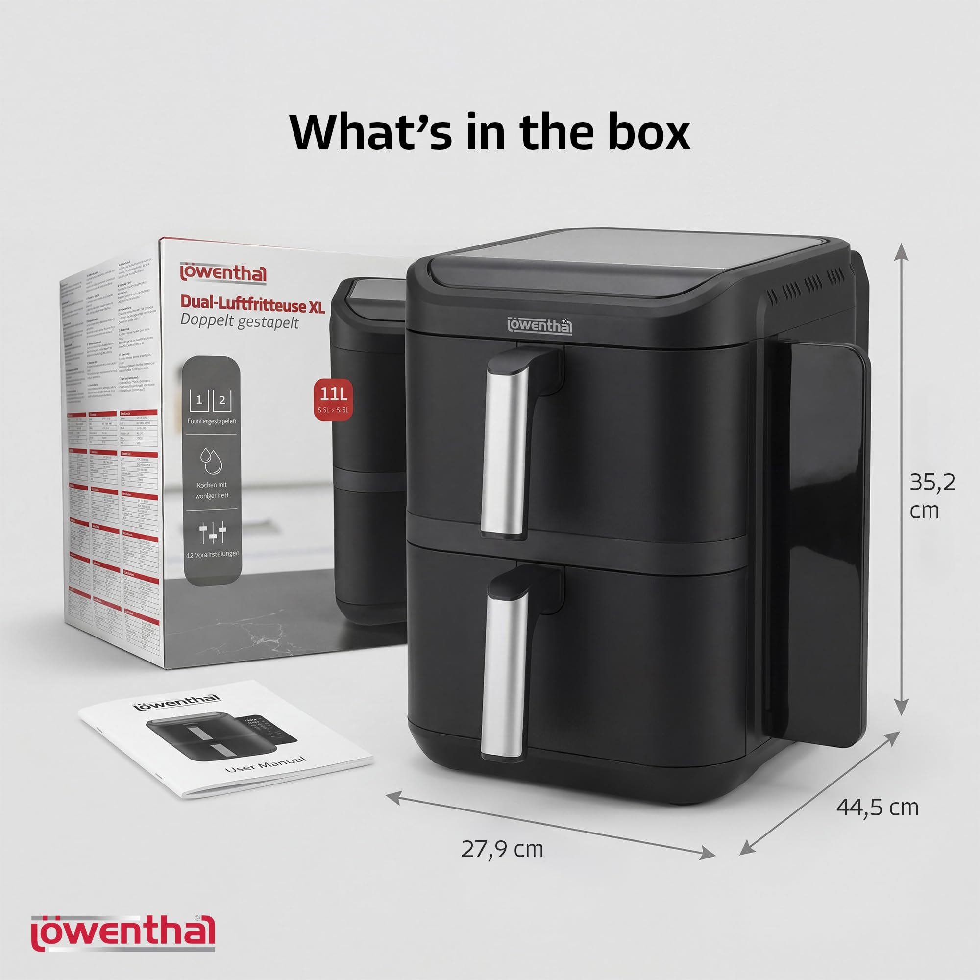 Löwenthal Double Airfryer XL 11 l frytkownica na gorące powietrze z 2 koszami (5,5 l + 5,5 l), 2800 W, Sync Finish & Match Cook, 12 programów, cyfrowy ekran dotykowy, 60-200°C, 44,5 x 27,9 x 35,2 cm