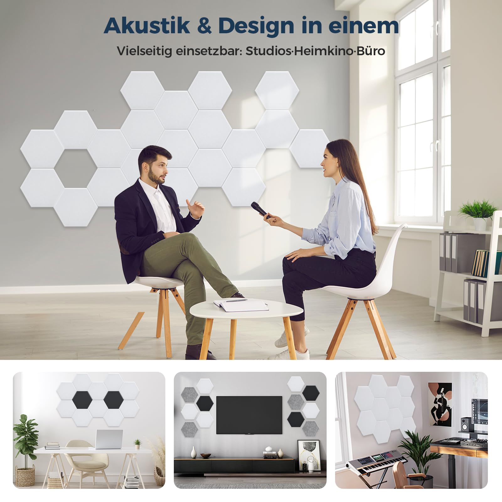 18 placas acústicas hexagonales autoadhesivas, 30 x 26 x 0,9 cm, paneles acústicos de alta densidad, para estudio, oficina, tratamiento acústico y decoración de juegos, color blanco