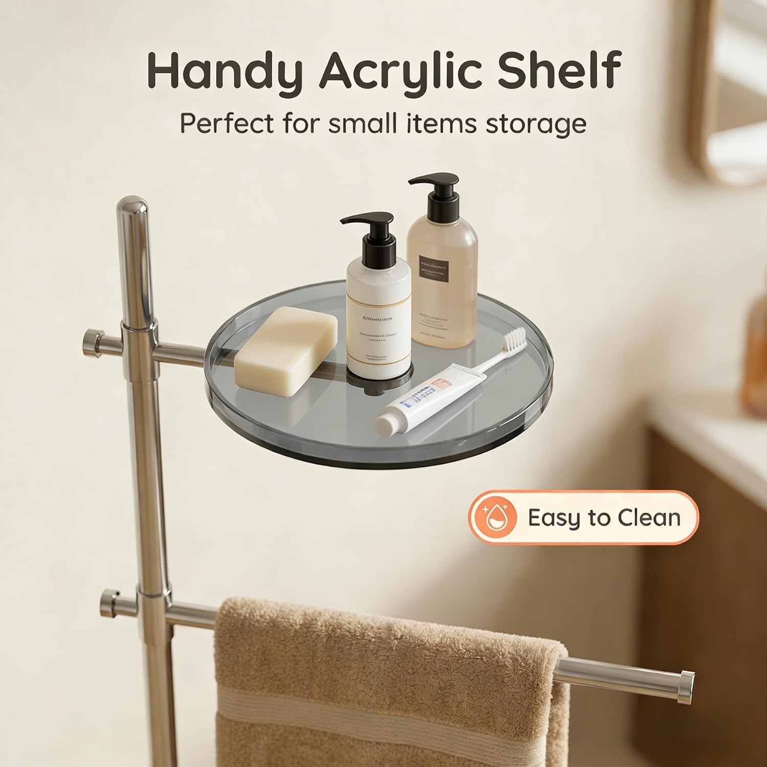 Towel Rack with Adjustable Bars, Stainless Steel Storage Rack with Acrylic Top Tray, Indoor Outdoor Use for Bathroom, Mall, Pool (Silver)