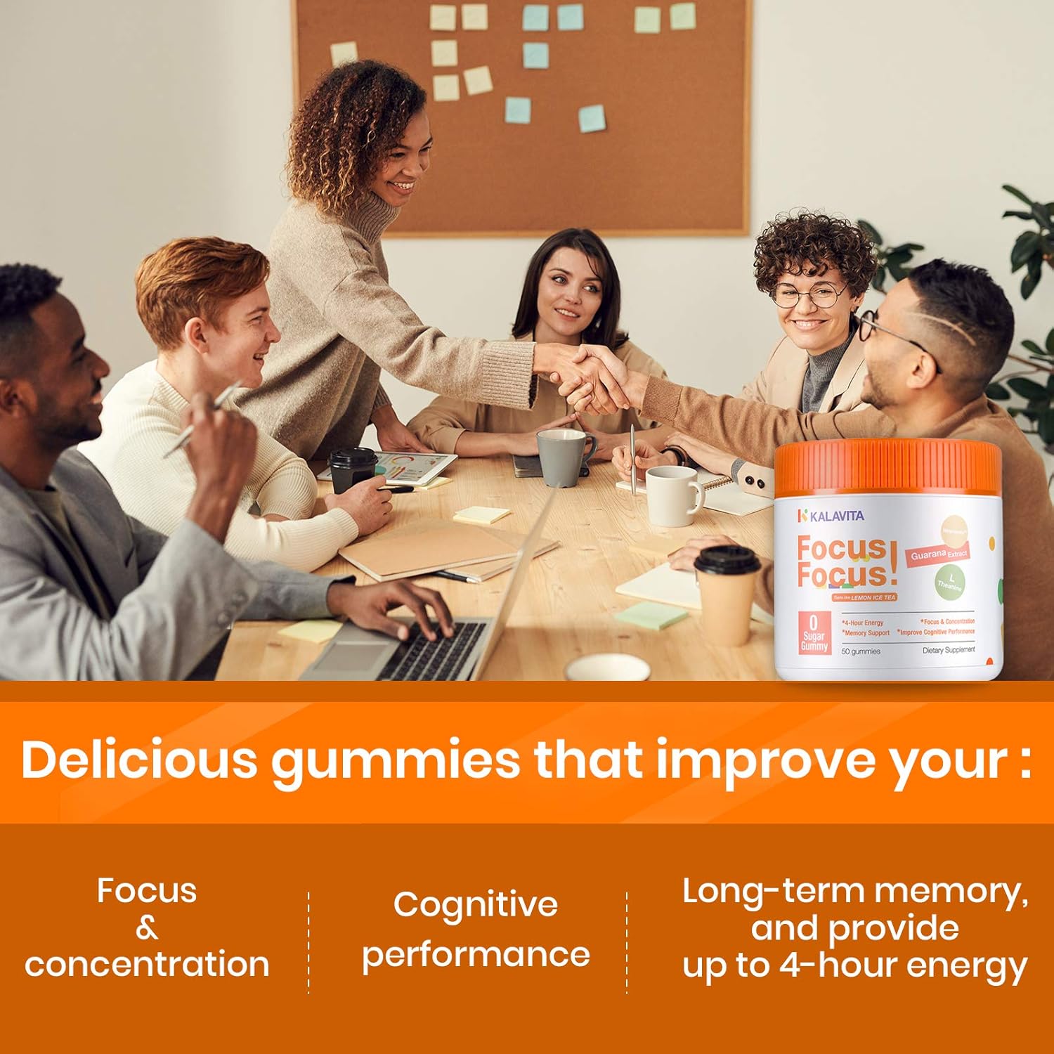KalaVita Sugar Free Focus Gummy - Stay on Task,Brain Booster Supplement for Concentration, Energy, Memory Support, Lemon Iced Tea 0 Sugar Vegan, Guarana Extract Neumentix™ L-Theanine B12 50 Count : Health & Household