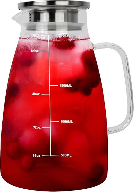 HEFTMAN 2 Litre Glass Jug with Lid - Water Jug Made of Heat Resistant Borosilicate, Pitcher Jug for Iced Tea, Juice, Milk, Sangria, Hot or Cold Drinks