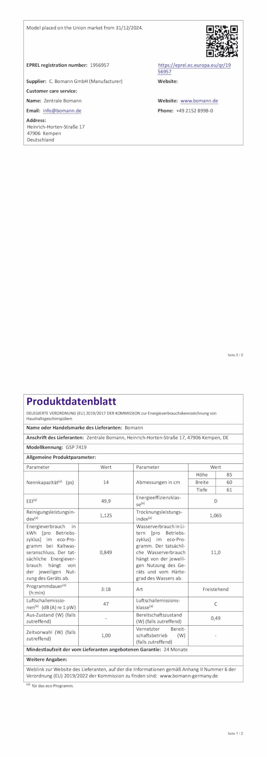 Bomann Geschirrspüler 60 cm 14 Maßgedecke Stand Unterbau 7 Programme 2 Sprühebenen Startvorwahl GSP 7419 schwarz